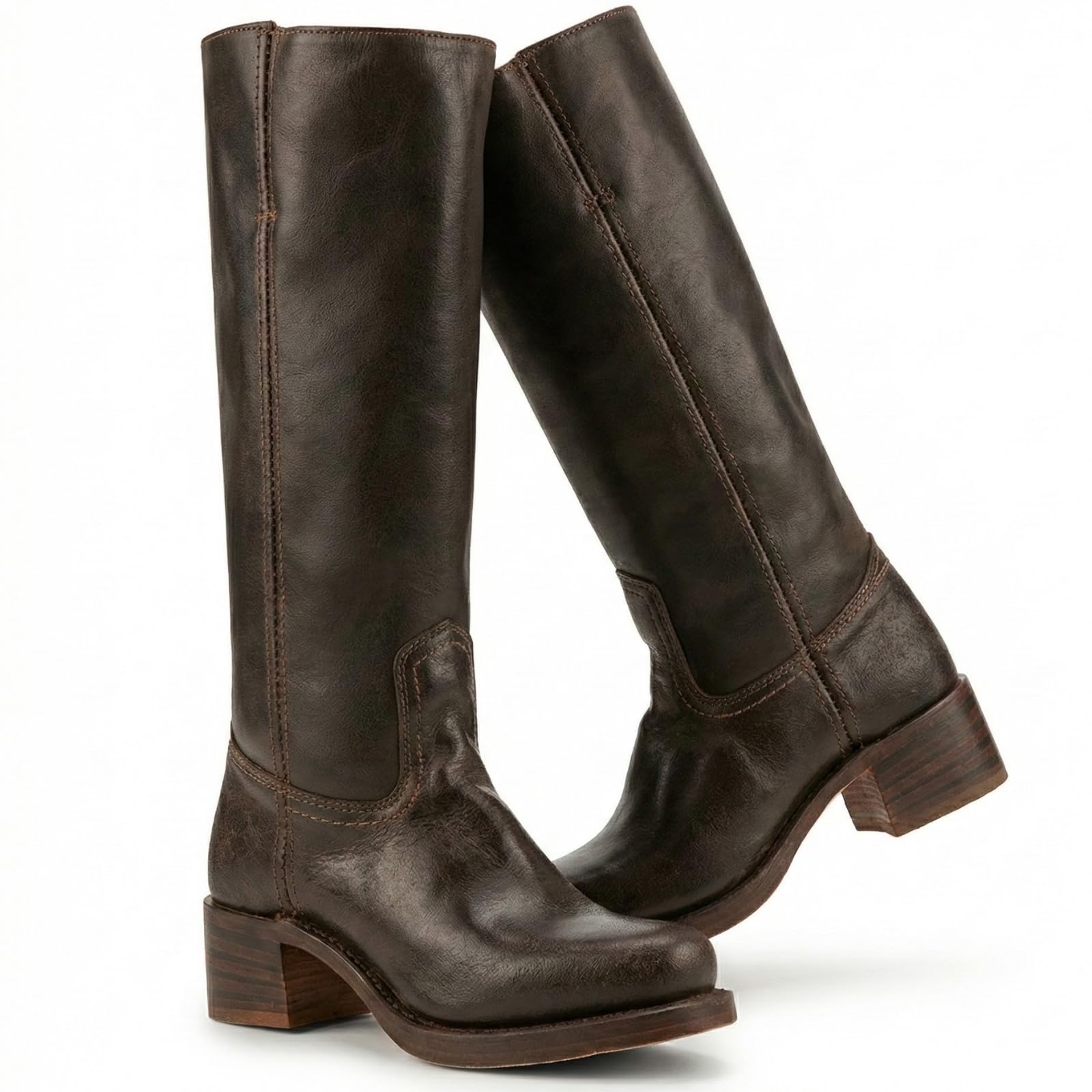 Womens Premium Leather Cowboy Boots Tall Western Knee High Boot Comfortable Cushioned Stacked Heel Vintage Retro Style for