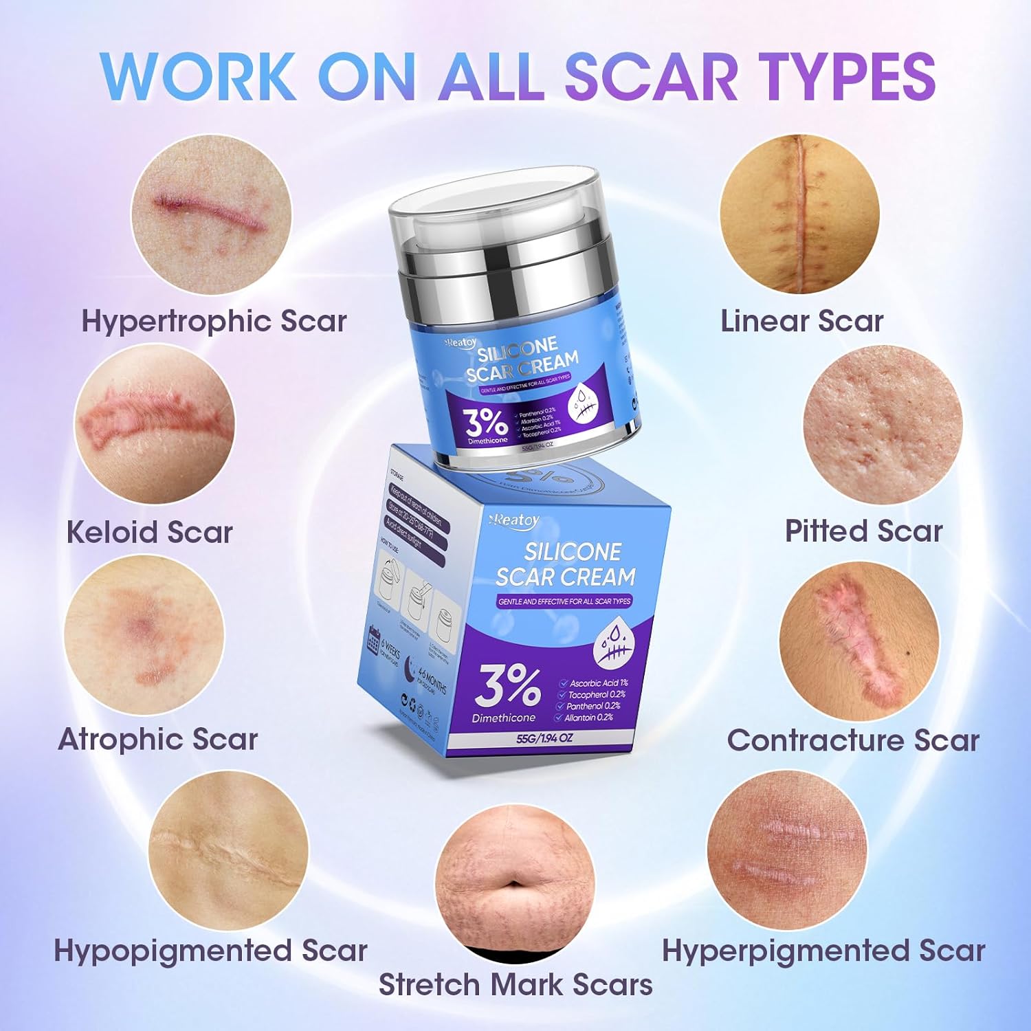 Silicone Scar Cream for Surgical Scars, 3% Dimethicone Complex Silicone Scar Gel for Old & New Scars, C-Section, Pregnancy, Acne, Injury, Keloids, Burns, Non-Irritating Scar Removal Cream(55ML) - Image 5