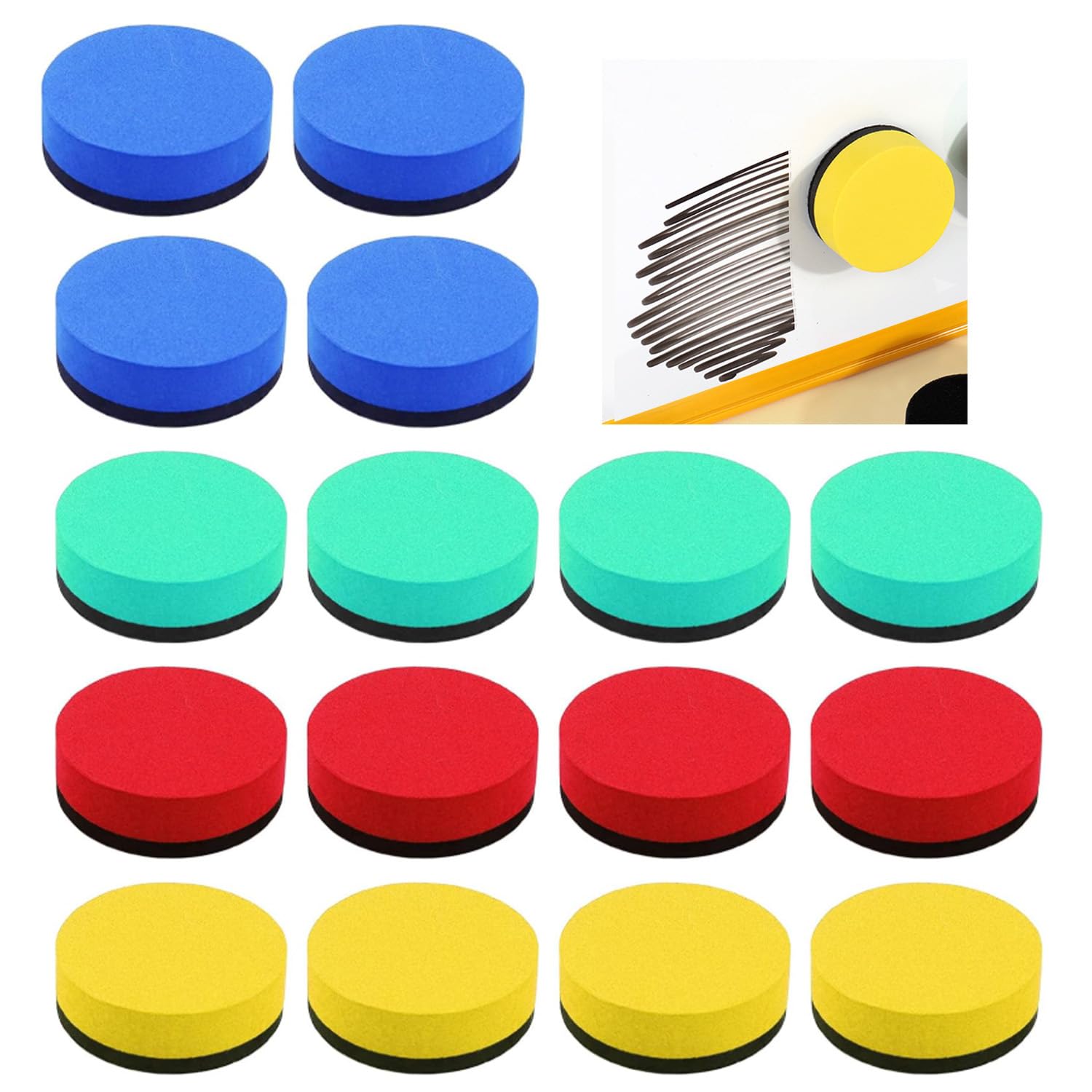 16Pcs Board Rubbers Whiteboard, Reusable Whiteboard Eraser, White Board Rubbers School, Mini Boards Erasers, Cleaning Drywipe Boards for Classroom, Office and Home Use (4 Colors)