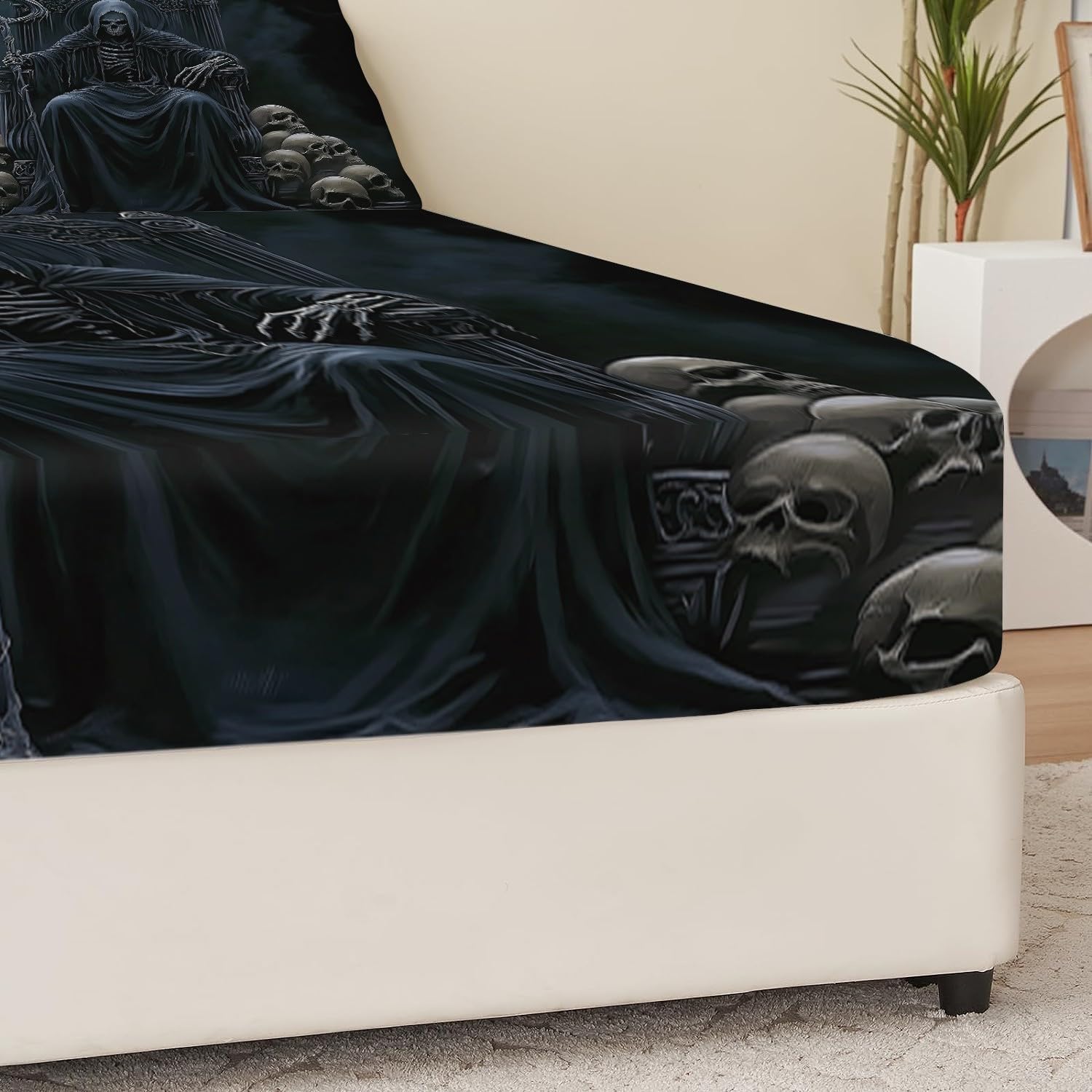 Spannbettlaken Gothic Sensenmann Totenkopf Schwarz Grau, Mikrofaser Bedruckt Spannbetttuch Bis 30 cm Einfache Pflege, Weiche Bequem Spannbettlaken für Alle Jahreszeiten 180 x 200 cm