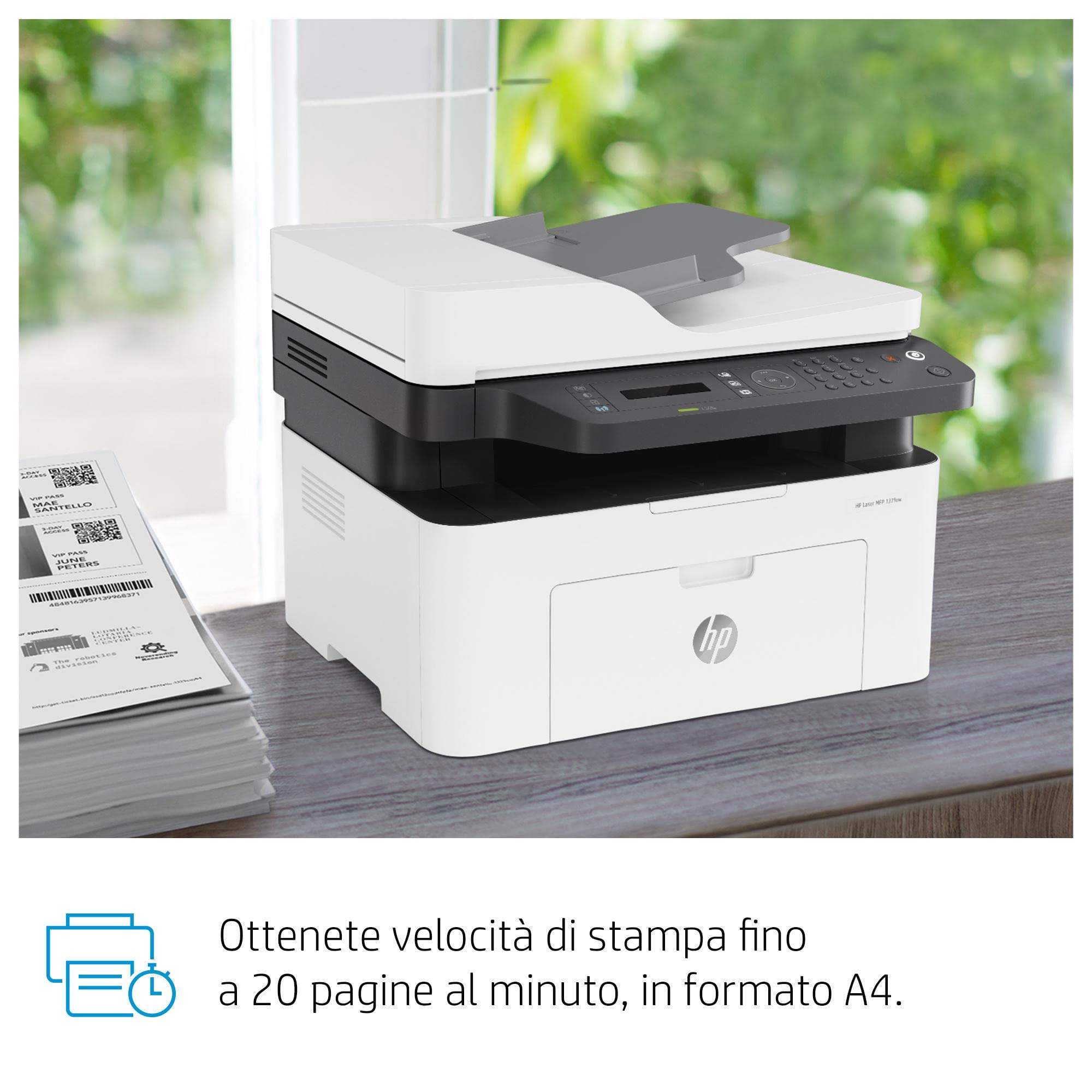 HP LaserJet MFP 137fnw 4ZB84A, Stampante Multifunzione A4, Stampa Fronte e Retro Manuale in b/n, 20 ppm, USB, Wi-Fi, Ethernet, Fax, ADF, Schermo LCD a 2 righe con tastierino, Bianca