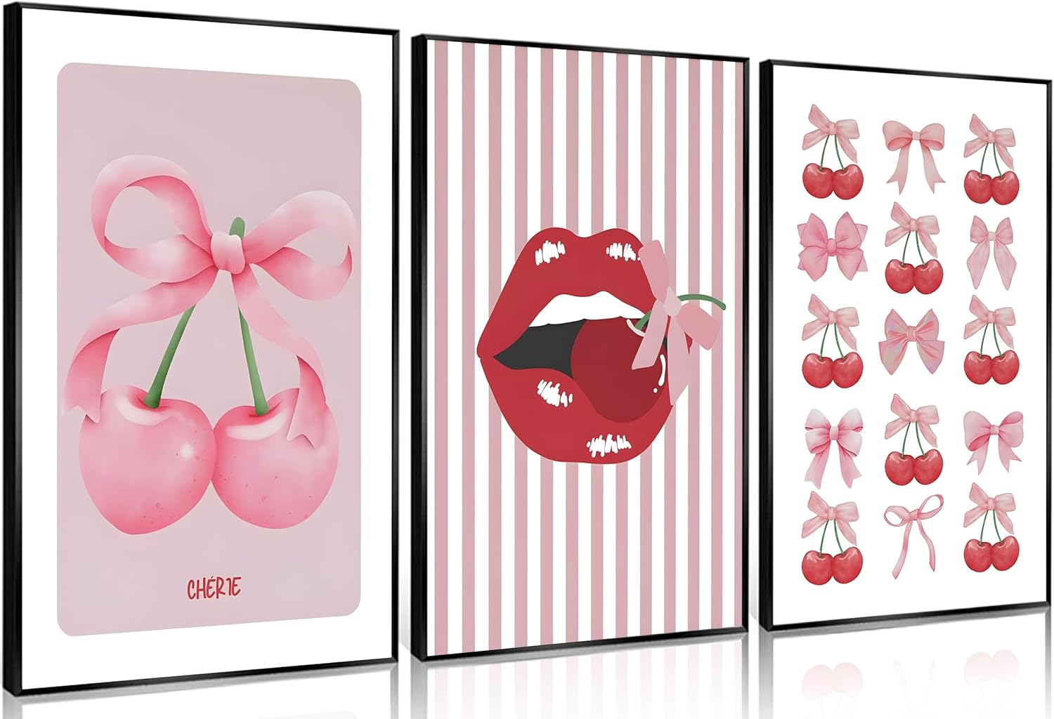 3Pcs Trendy Pink Bows Canvas Wall Art Coquette Cherry Painting Picture Wall Decor Aesthetic Preppy Red Lips Girly Poster Print Artwork for Preppy Room Dorm Living Room Bedroom Home Decoration
