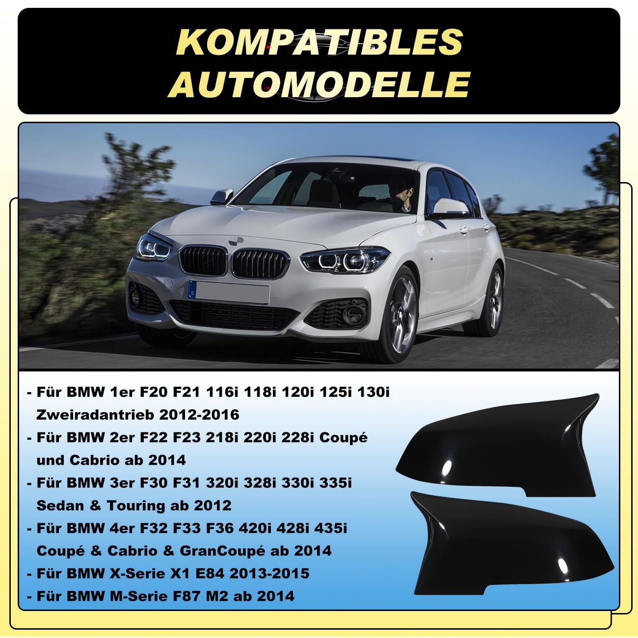 GEARMONSTER Nakładki na lusterka samochodowe, obudowa lusterka wstecznego, zamiennik do lusterka bocznego, kompatybilna z BMW F20, F21, F22, F23, F30, F31, F32, F33, F36, X1, E84, i3, M2, F87