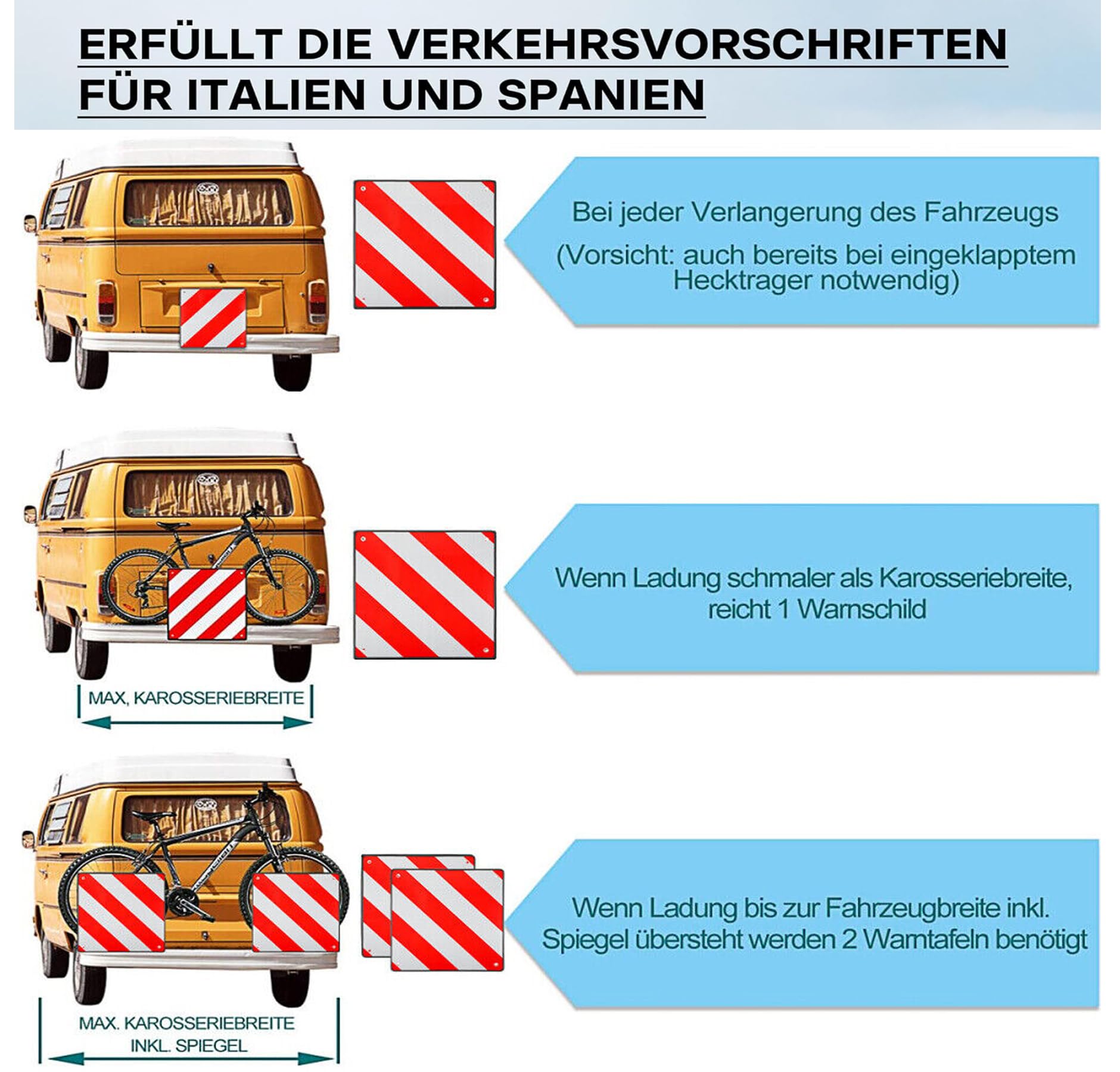 Warntafel Italien Spanien und Portugal Fahrradträger,3 In 1 Alu Reflektierend Warnschild(50 x 50 cm) mit 4X Spannseile,Zertifizierte für Fahrradträger Heckträger & Auto Wohnmobil
