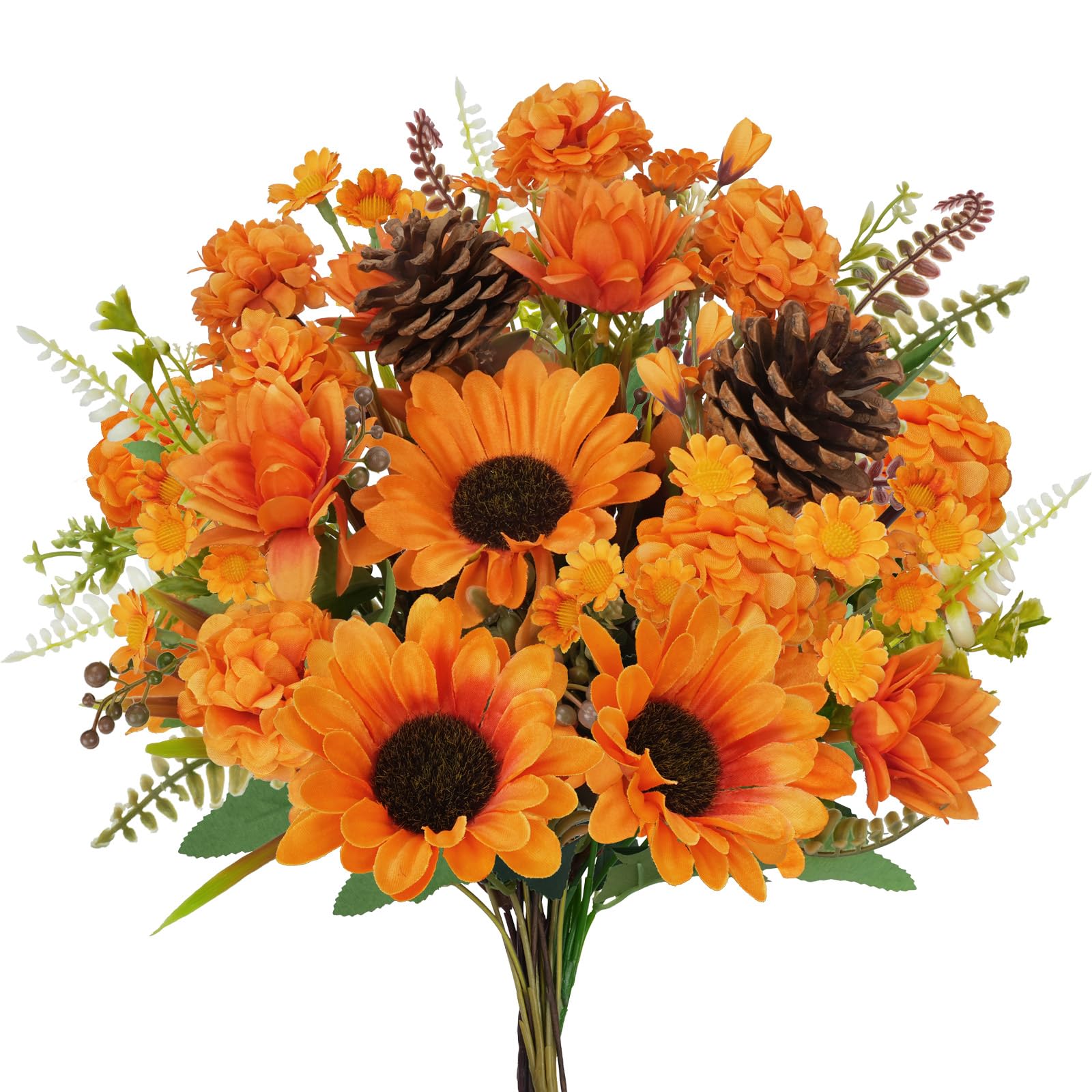 Zythrem Autumn Artificial Flowers Orange Artificial Sunflowers Fall Decorations Faux Flowers Autumn Fake Silk Flowers Faux Sunflower Hydrangea Daisy Pine Cones Bouquet for Wedding Table Home Decor