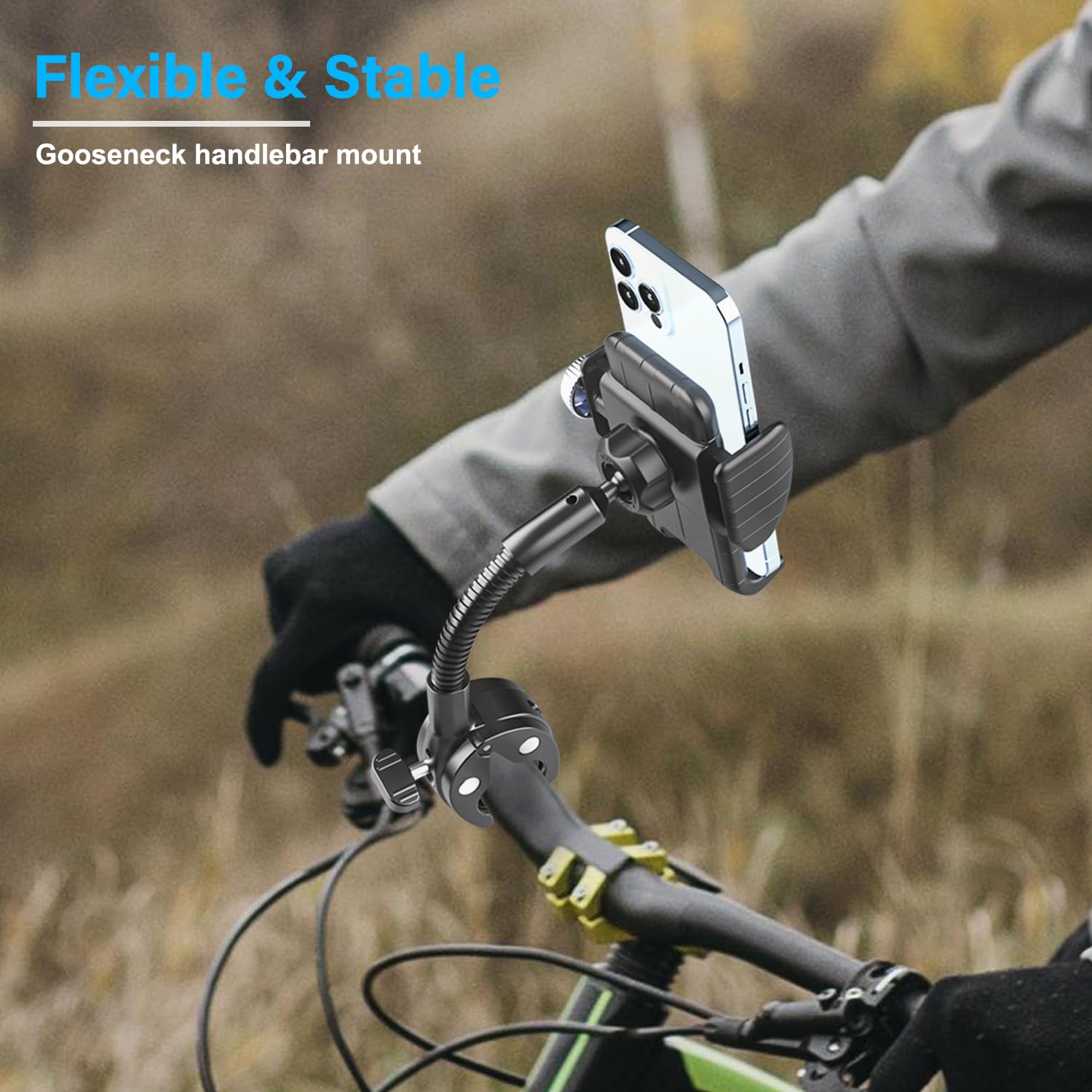 Uchwyt na telefon do wózka dziecięcego, elastyczny uchwyt na telefon do roweru, wózka, skutera, roweru treningowego, Zwift, zacisk kierownicy do drążka rurowego, kompatybilny z iPhone 16 Pro Max, 15