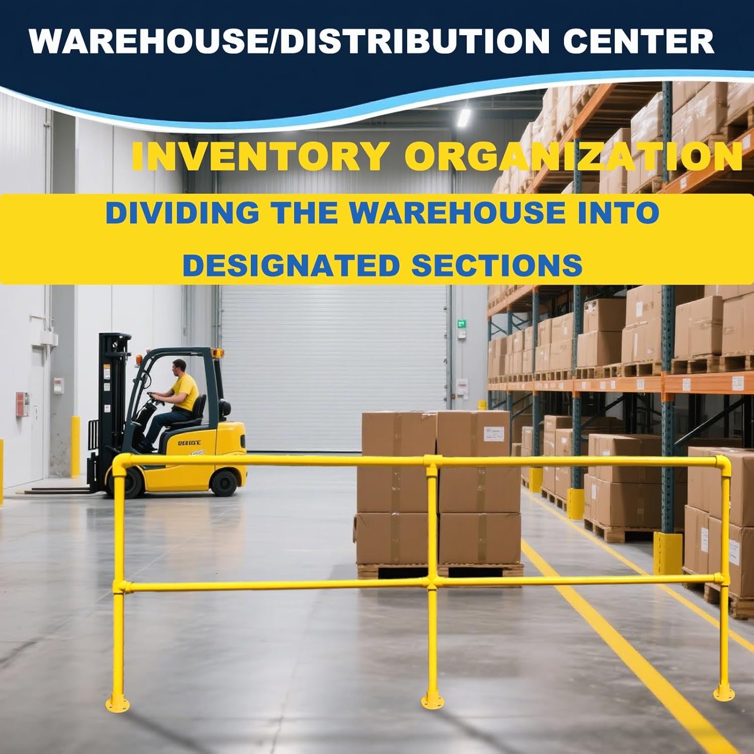 9.6’W x 3.4’H Industrial Safety Guardrail - Yellow Galvanized Steel Pipe Railing, Quick-Install Indoor/Outdoor
