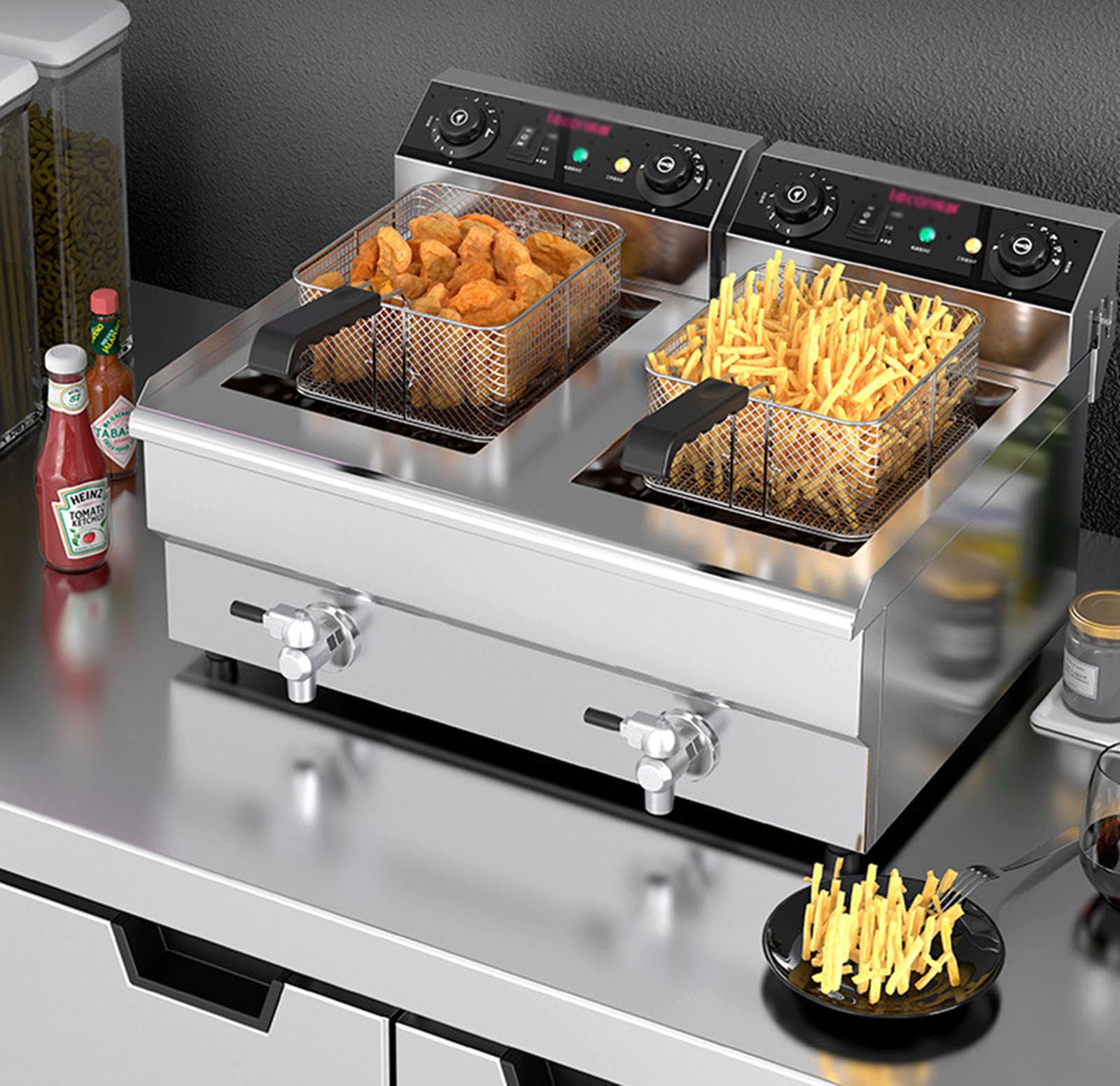 IUokLU Commercial Fryer Stainless Steel Electric Deep Fryer w/Oil Filtration &Timer 16L Capacity Dual Tank Fryer w/Baskets&Lids,Drain System