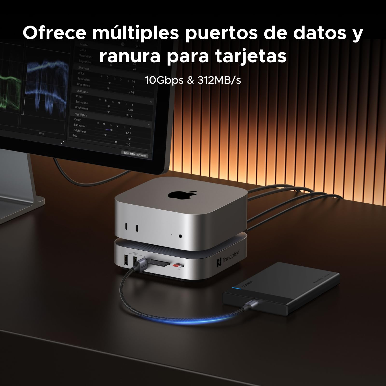 UGREEN Maxidol Thunderbolt 5 Docking Station USB C Extensión Doble Pantalla | 10 en 1, 2 TBT5, 1 DP, Doble 6K60Hz, Único 8K60Hz, 120Gbps, Múltiples USB, SD TF 4.0, Carcasa M.2 SSD, para Mac Mini Pro M4