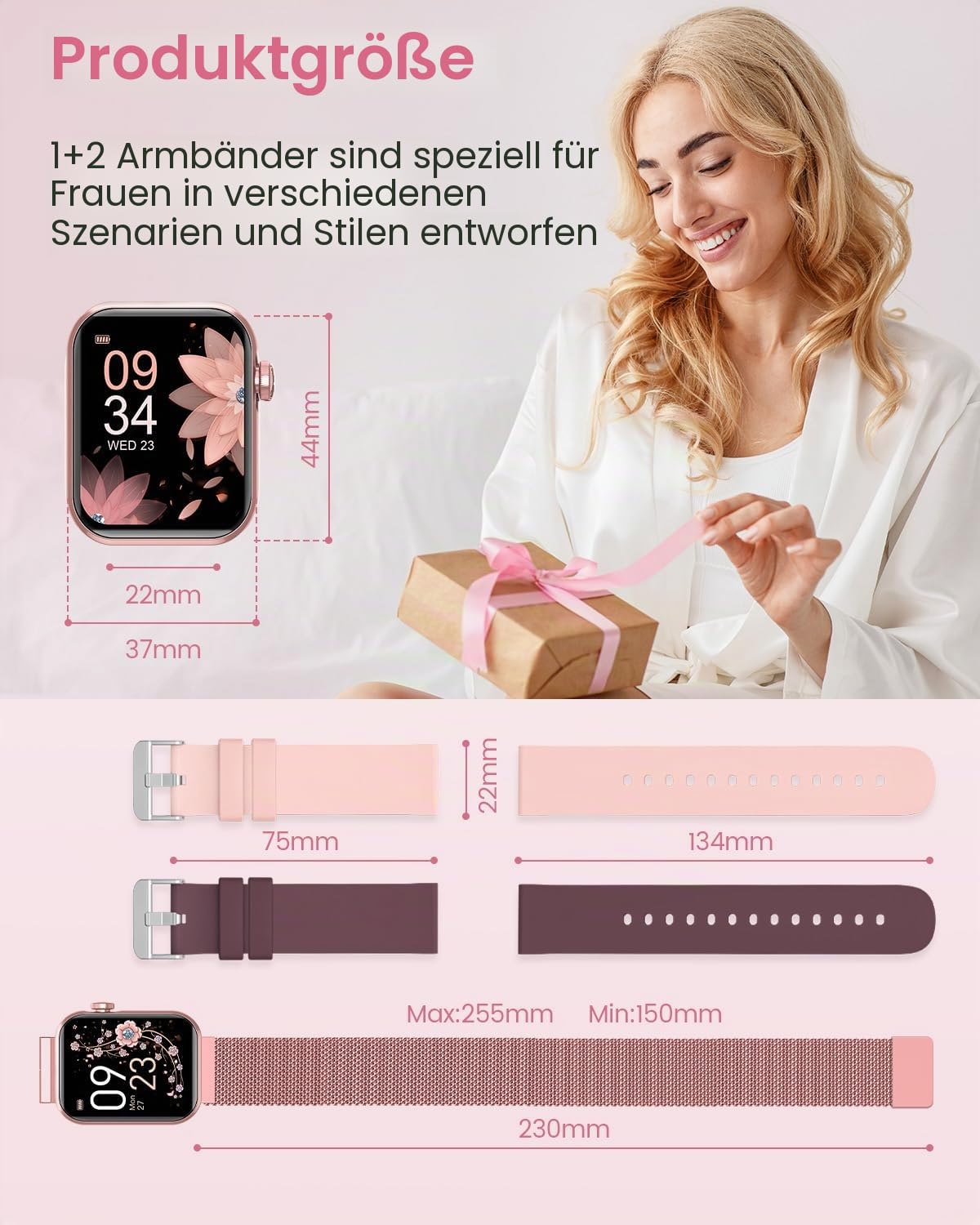 Smartwatch Damen mit Telefonfunktion 1,85 Zoll Fitnessuhr SpO2 Herzfrequenz Schlafmonitor IP68 wasserdicht für iOS Android Rosa