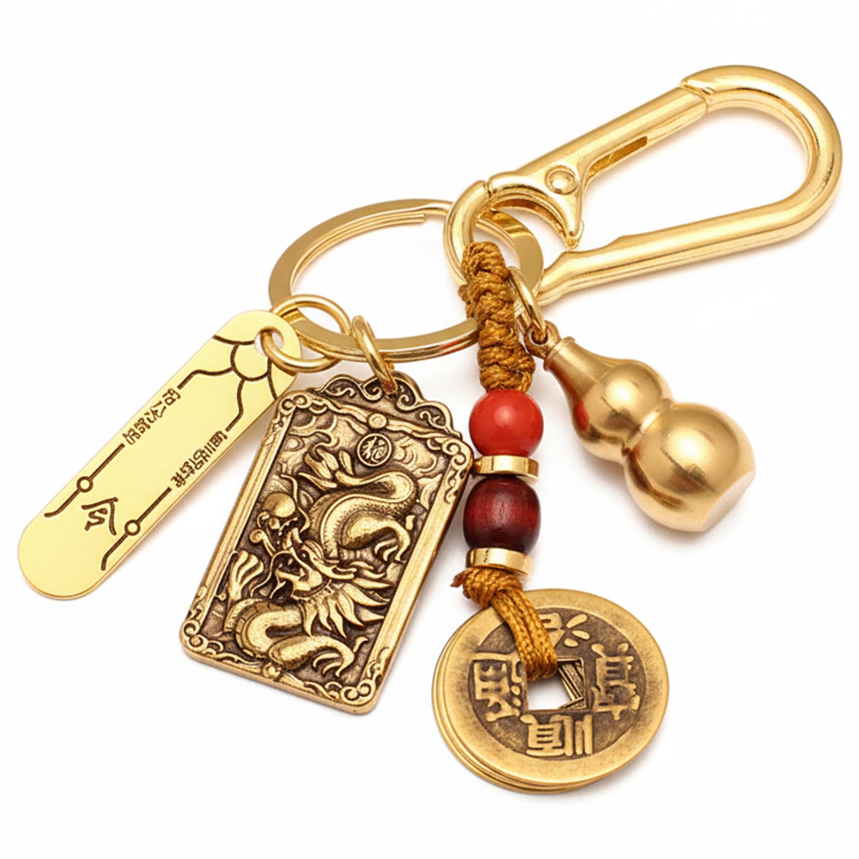 Chinese Keychain with Dragon Good Luck Charm Feng Shui & Gourd Vintage Car Keychain & Bag Charm for Wealth Blessing