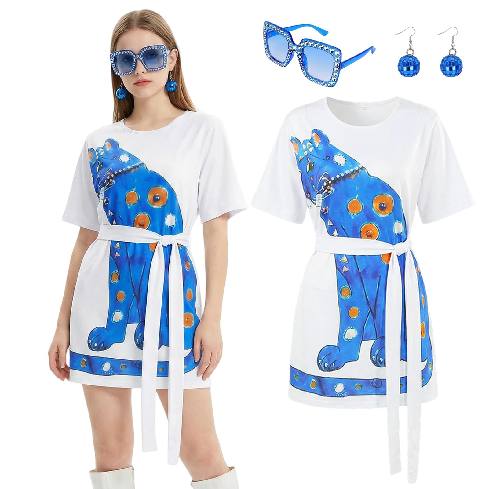 Aleshime ABBA Costume for Women, 70s Disco Blue Panther Print Loose Dress with Rhinestone Sunglasses & Disco Ball Earrings for ABBA Tribute Night, Retro Theme Party(M)
