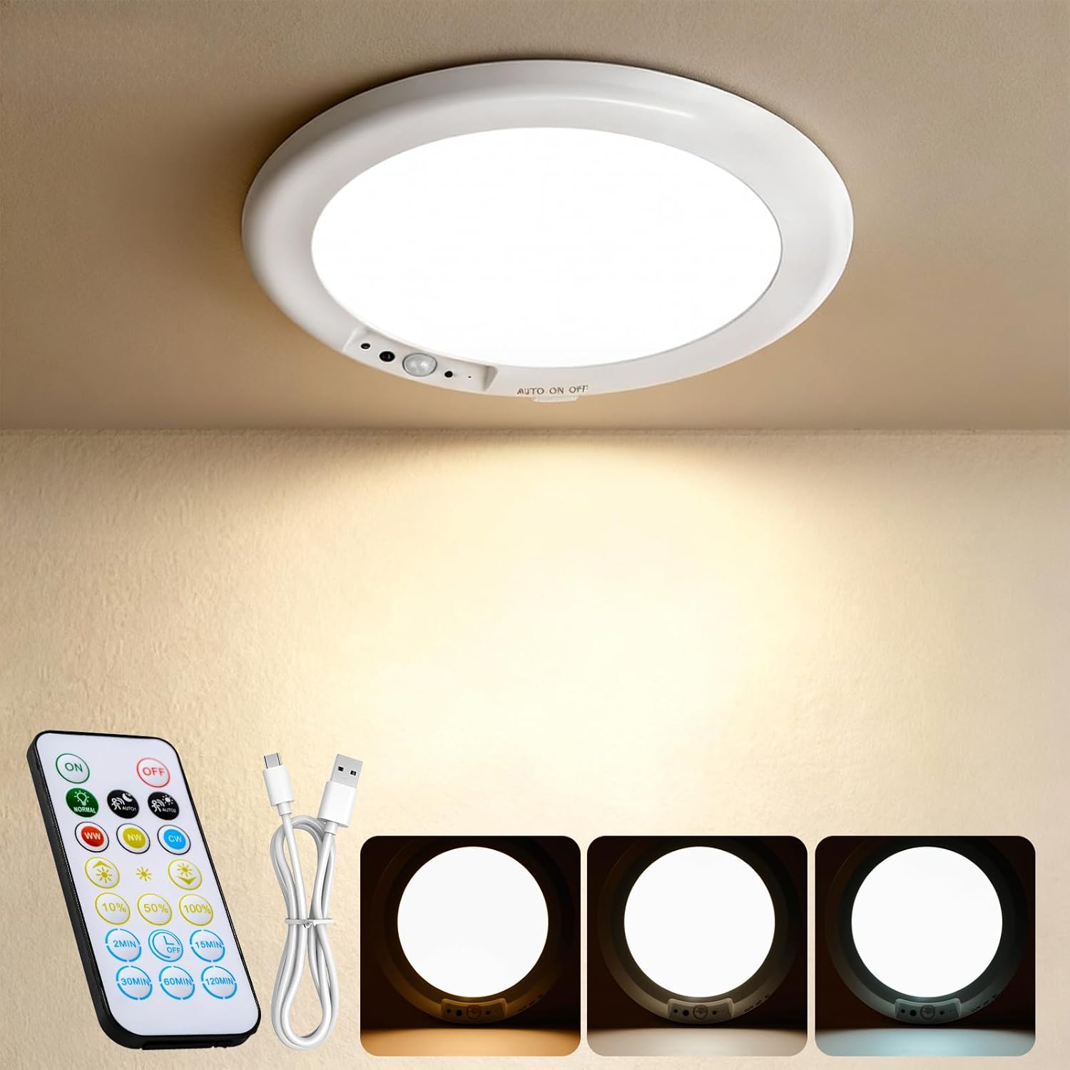 Wireless Motion Sensor Ceiling Light, 7.1” Magnetic Mount Rechargeable Round Led Lights with Remote Control, Pir Human Motion Activated, 3 Color White & Dimmable Brightness for Bedroom, Pantry