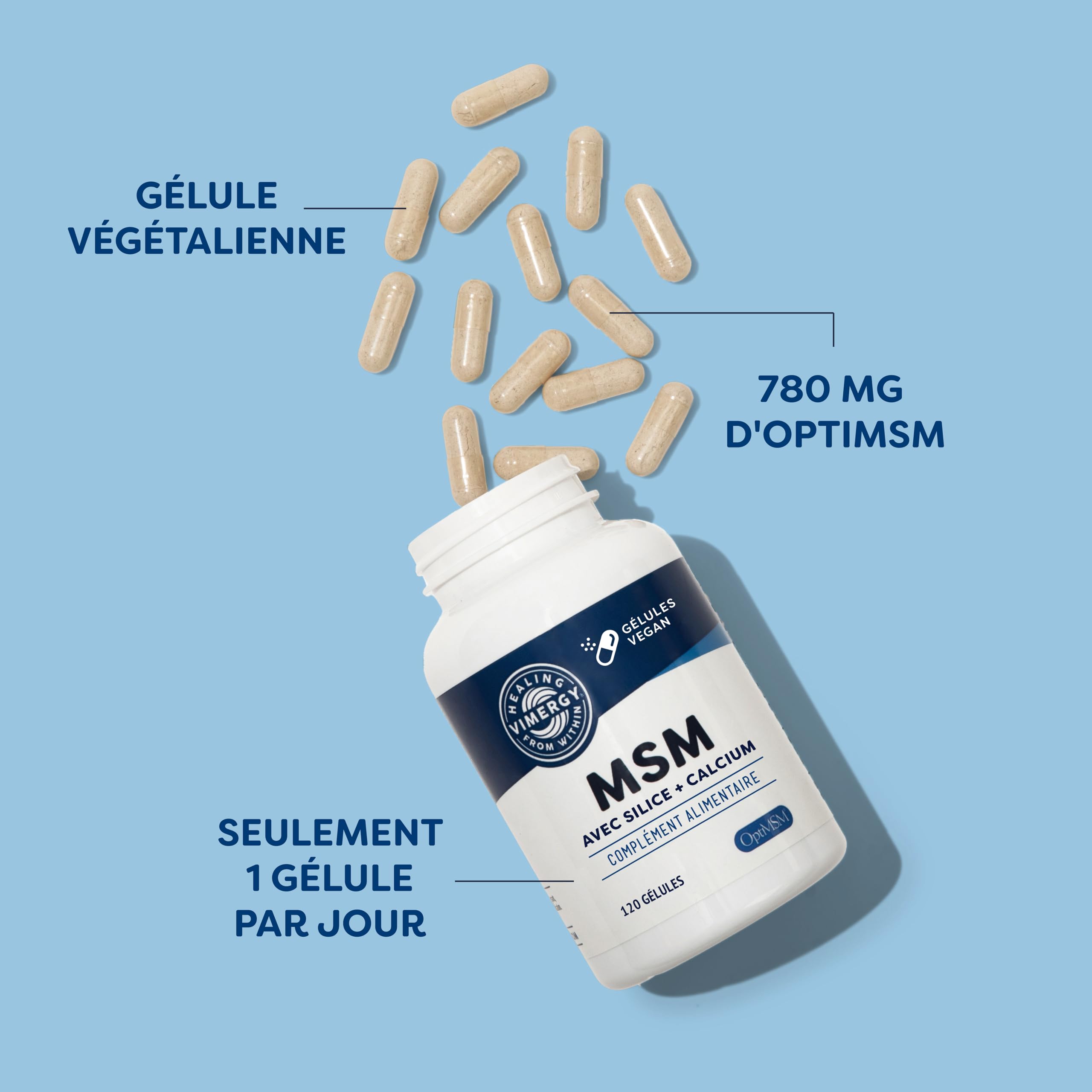 Vimergy MSM Gélules de 500MG, – MSM avec Calcium et Silice – Capsule Végétalienne sans Agent Gélifiant – Sans OGM, Gluten ni Gélatine - Casher (120 unités)