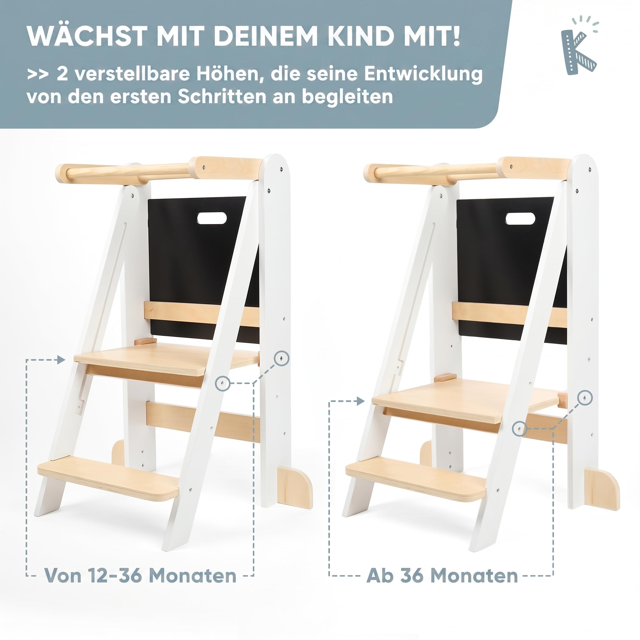 Lernturm ab 1 Jahr Klappbar, Lernturm Klappbar mit 2 Höhen, Abnehmbarer Tafel, nordisches Design, Kippschutz – FSC-Holz – Marke mit Engagement für globale Wiederaufforstung