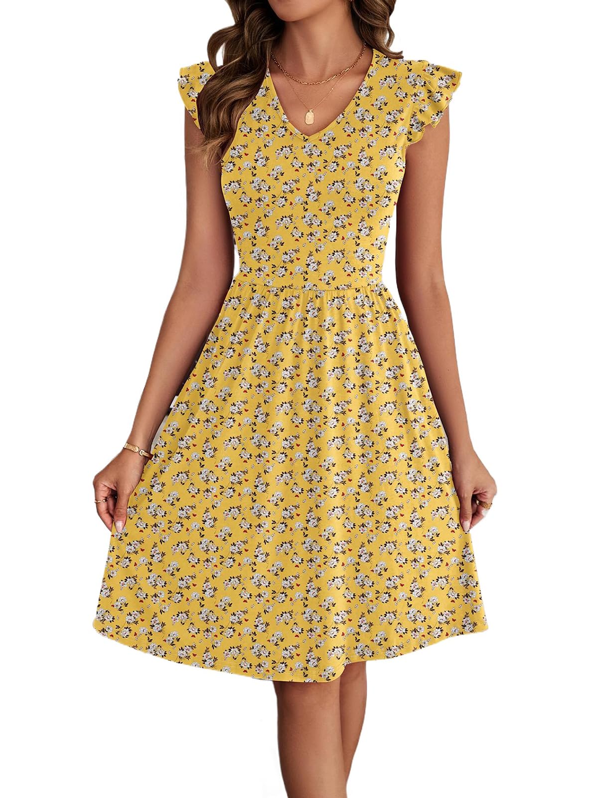 HELYO Women's Summer Dresses Cute V Neck Ruffle Sleeve Cocktail Short Work Casual Dress with Pockets 648
