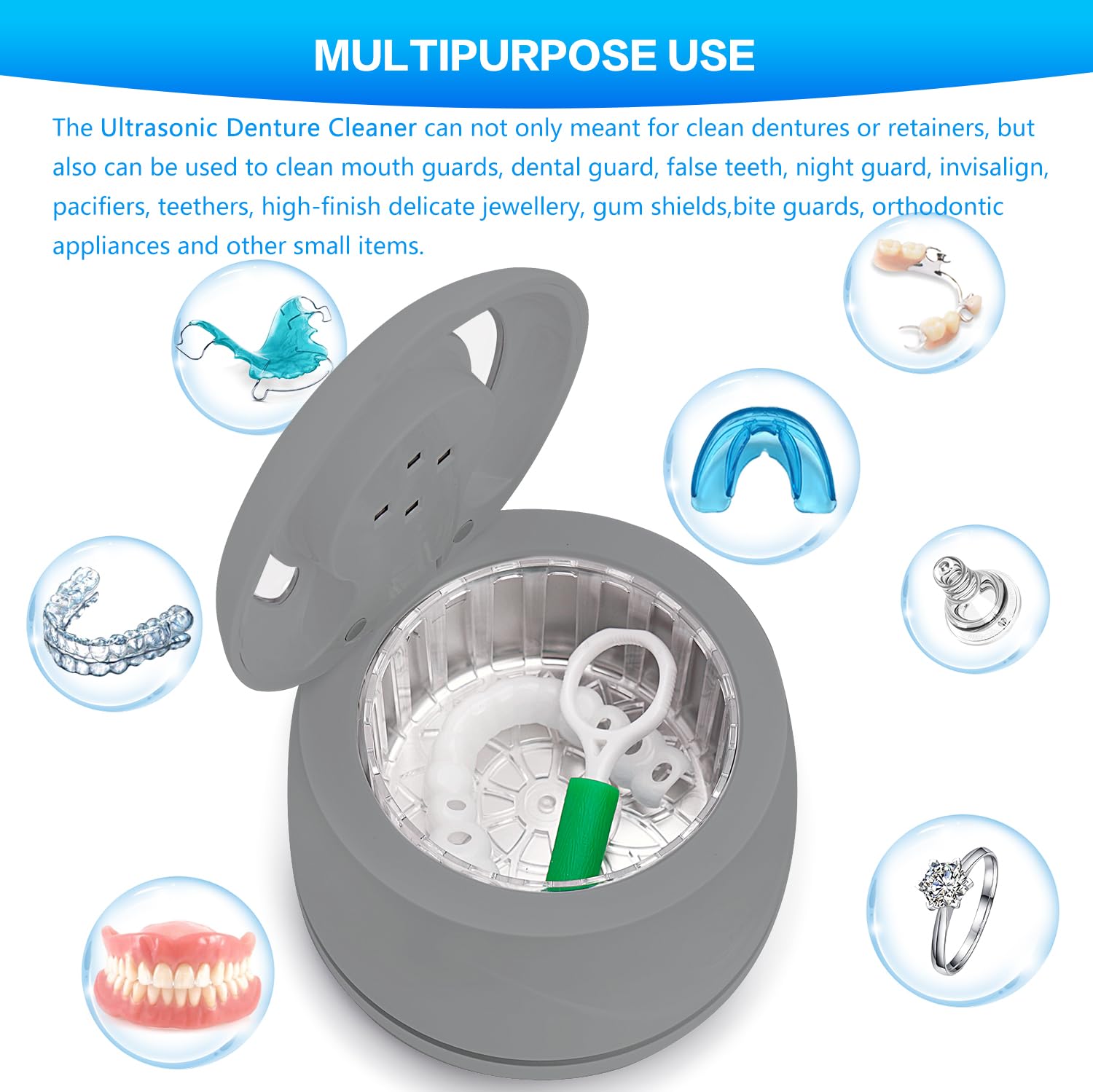 Ultrasonic denture cleaner for dentures, mouth guards, braces, toothbrush heads, jewelry - 45 kHz Ultrasonic Retainer Cleaner (Black)