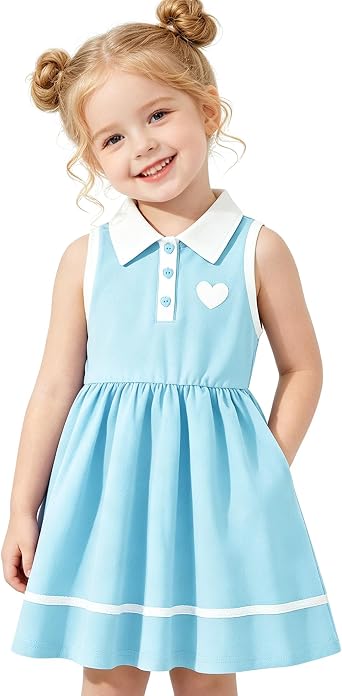 2-9Y Toddler Girls Summer Dress Heart School Sleeveless Sundress | Girls 2-9Y sleeveless polo dress, heart embroidery & side pockets with heart bag, soft fabric for school, daily & outdoor.