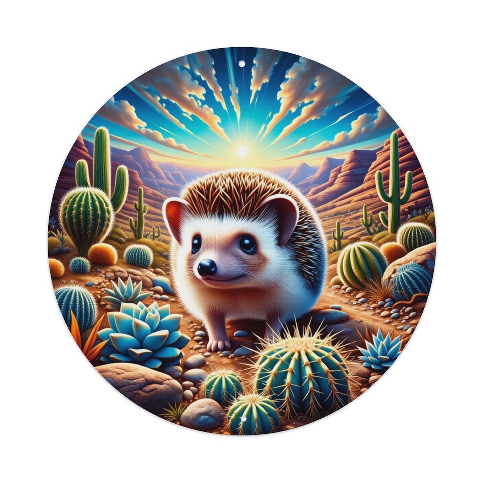 Desert Hedgehog Cactus Sunset Landscape Round Tin Sign Vintage Metal Poster, Home Bar Garage Man Cave Cafe Indoor & Outdoor Wall Decoration 8x8Inches