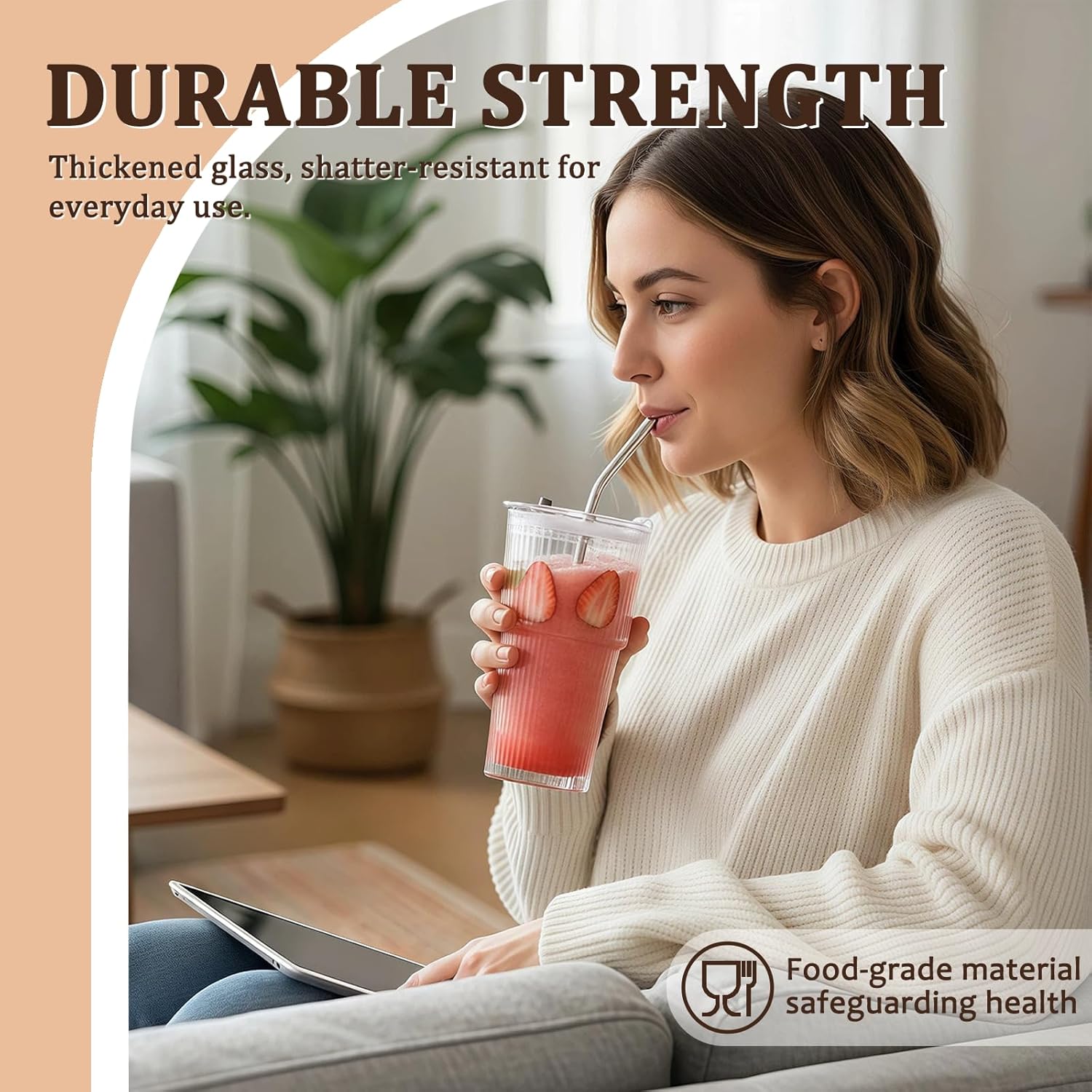 2 Packs Ribbed Glass Tumbler with Lid and Straw 16 oz Cute Ice Coffee Cup Set for Smoothie Juice Matcha Tea Latte Cappuccino Espresso Hot Coffe Water Reusable Clear Travel Mug Aesthetic Drinking Mug - Image 3