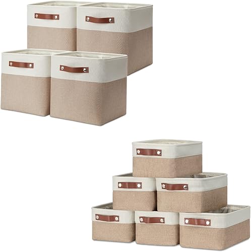 DULLEMELO Paquete de 4 cestas plegables de 11 x 11 x 11 pulgadas + 6 cestas pequeñas de 11.8 x 7.9 x 5.1 pulgadas (blanco y caqui)