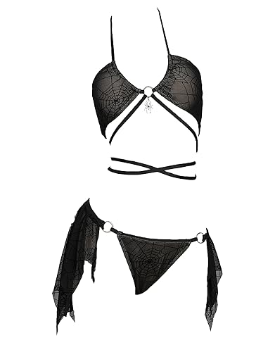 MEOWCOS Pretty Crawler Gothic Swimsuit Spider Web Design Dark Style Swimwear Set - Small - Black