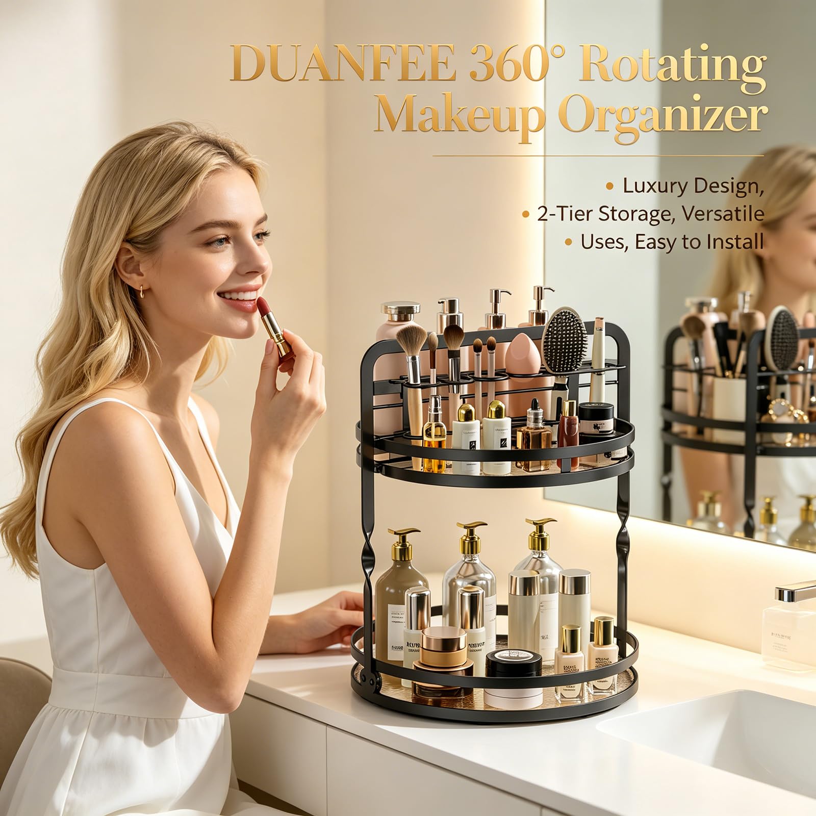 Drehbarer Kosmetikhalter mit zwei Fächern und sichtbarem Pinselständer für Kommode Tisch Schnelle Montage Make-up Ständer