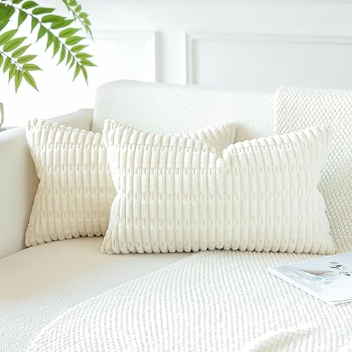 Miniatura 3 de OTOSTAR Paquete de 2 fundas de almohada decorativas de pana suave de 16 x 24 pulgadas, fundas de almohada bohemias a rayas, fundas de cojín lumbar,