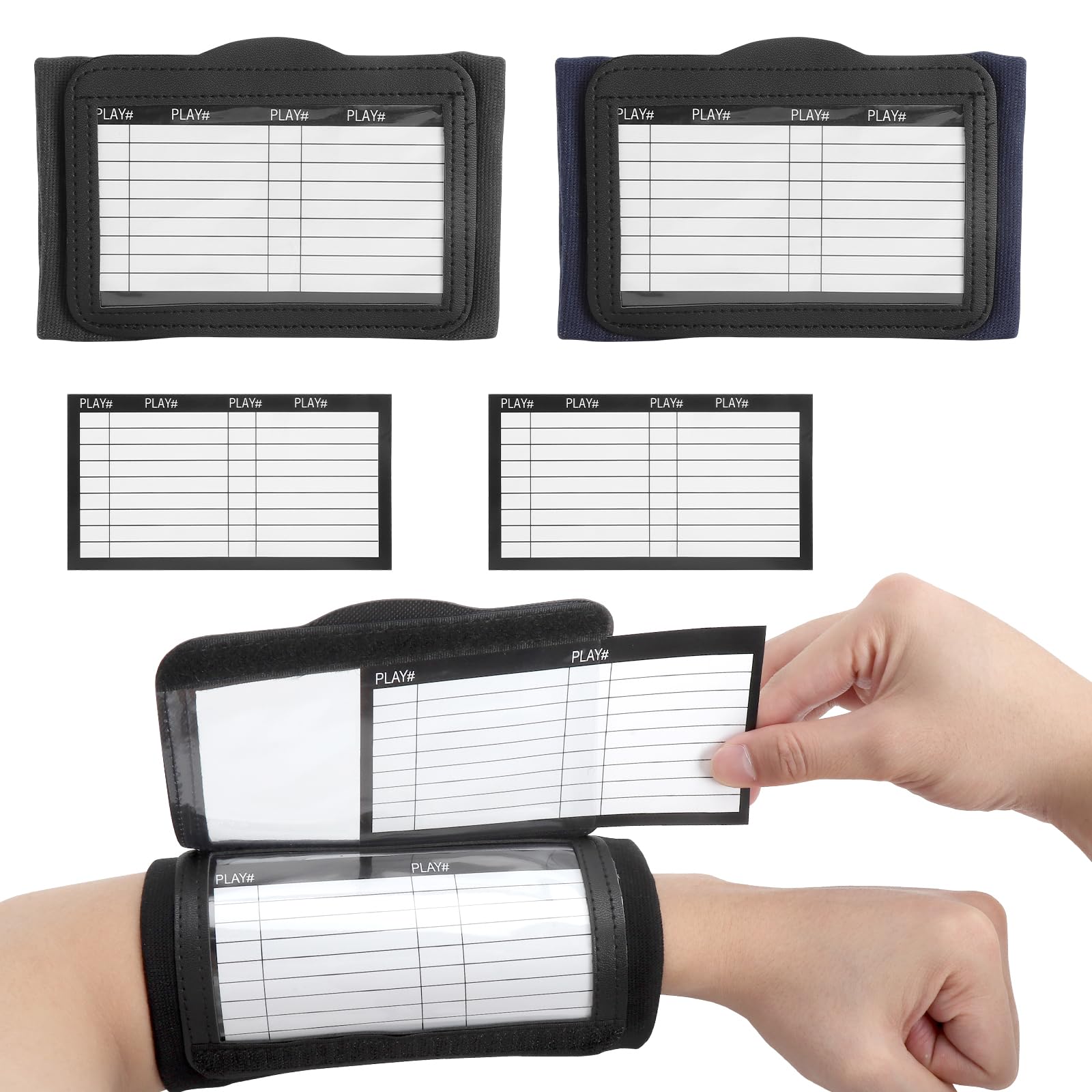 2 sztuki Football Wrist Playbook z 4 papierowymi kartami, bransoletka do piłki nożnej, czarno-niebieska, dla trenerów, graczy, rugby, baseballu, taktyki, treningu