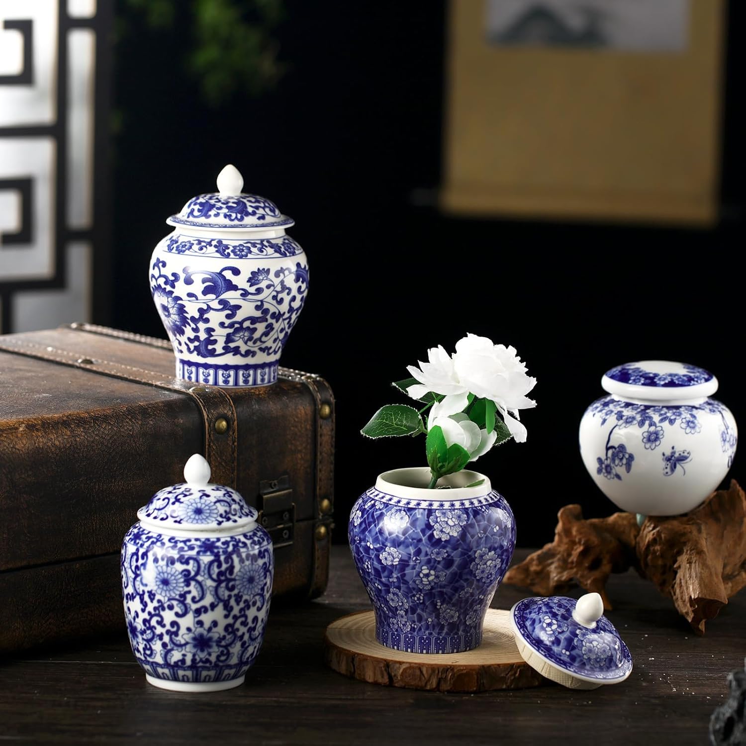 Hushee Small Blue and White Ceramic Ginger Jars Blue Chinoiserie Decor Vases Porcelain Ginger Jars Porcelain Vases for Home Chinoiserie Decor for Bedroom Table Accent Shelf Tabletop(Classic,4 Pcs)