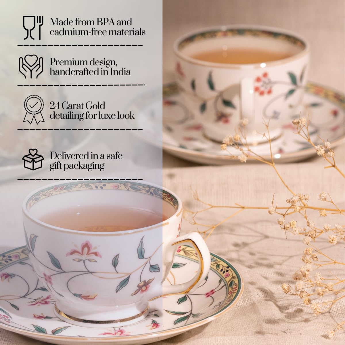 GOLDEN QUEEN'S Cup, Saucer & Spoons Set | Perfect for Hosting & for Tea/Coffee | Handcrafted in India | 24-Carat Gold Details | 6 Cups, 6 Saucers & 6 Spoons | 170 ml - Leafy Blush & Pink Charm 3