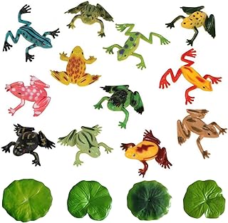 12Pcs Colorful Plastic Frog Models with Artificial Lotus Leaves, Tropical Simulation Frogs, Animal Recognition Toys for Children, Floating Decoration for Ponds, Artificial Micro Landscape Pools