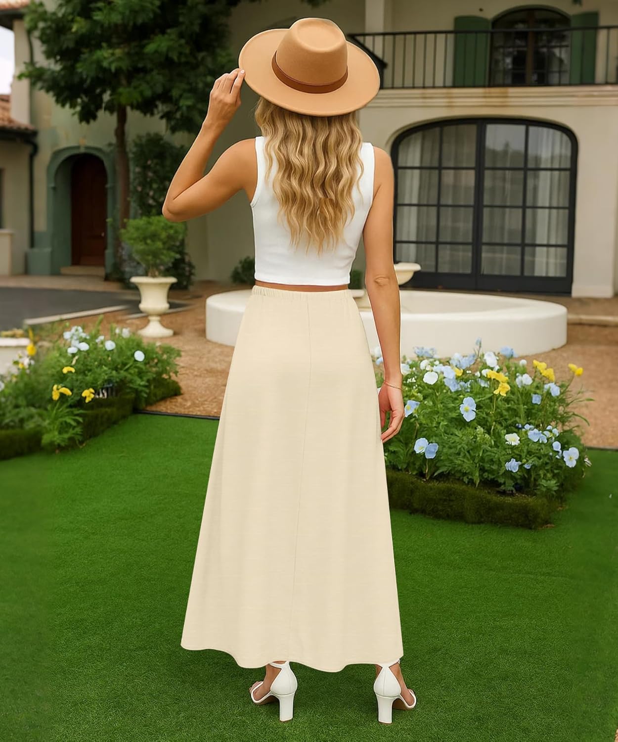 NILOUFO Womens Maxi Skirts High Waisted Adjustable Elastic Waist with Pockets Beach Flowy Casual Long Skirt - Image 3