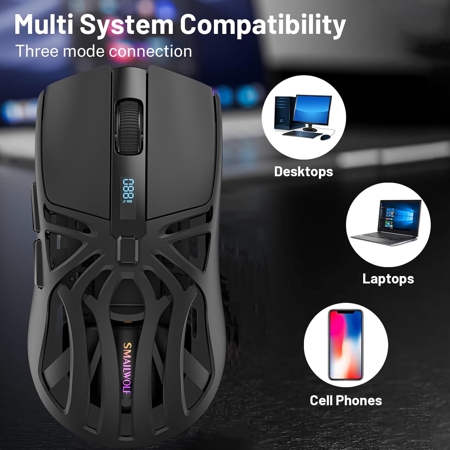 Wireless Gaming Mouse, 10000 DPI, Tri-Mode 2.4GHz/Bluetooth/Wired Mouse, 6 Buttons, Digital Display, Silent Mice, Rechargeable, Customizable Macro and RGB Backlight for PC/Mac/Laptop (Black)