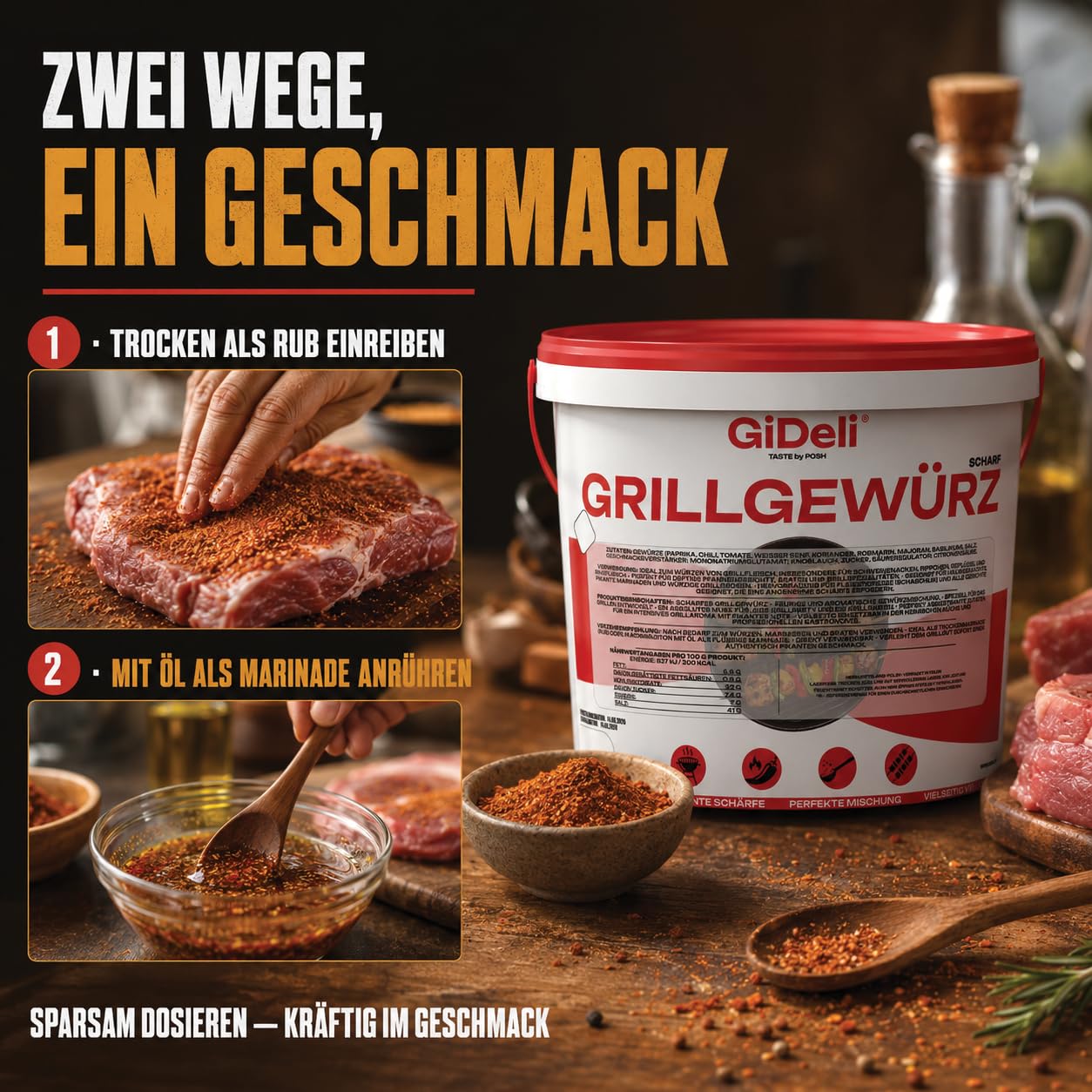 GiDeli Grillgewürz Scharf 10kg im Eimer - Feurige & Aromatische Gewürzmischung für den Grill - Ideal für Schweinenacken, Rippchen, Geflügel & Schaschlik - Trockenmarinade & Rub - Sofort Einsatzbereit