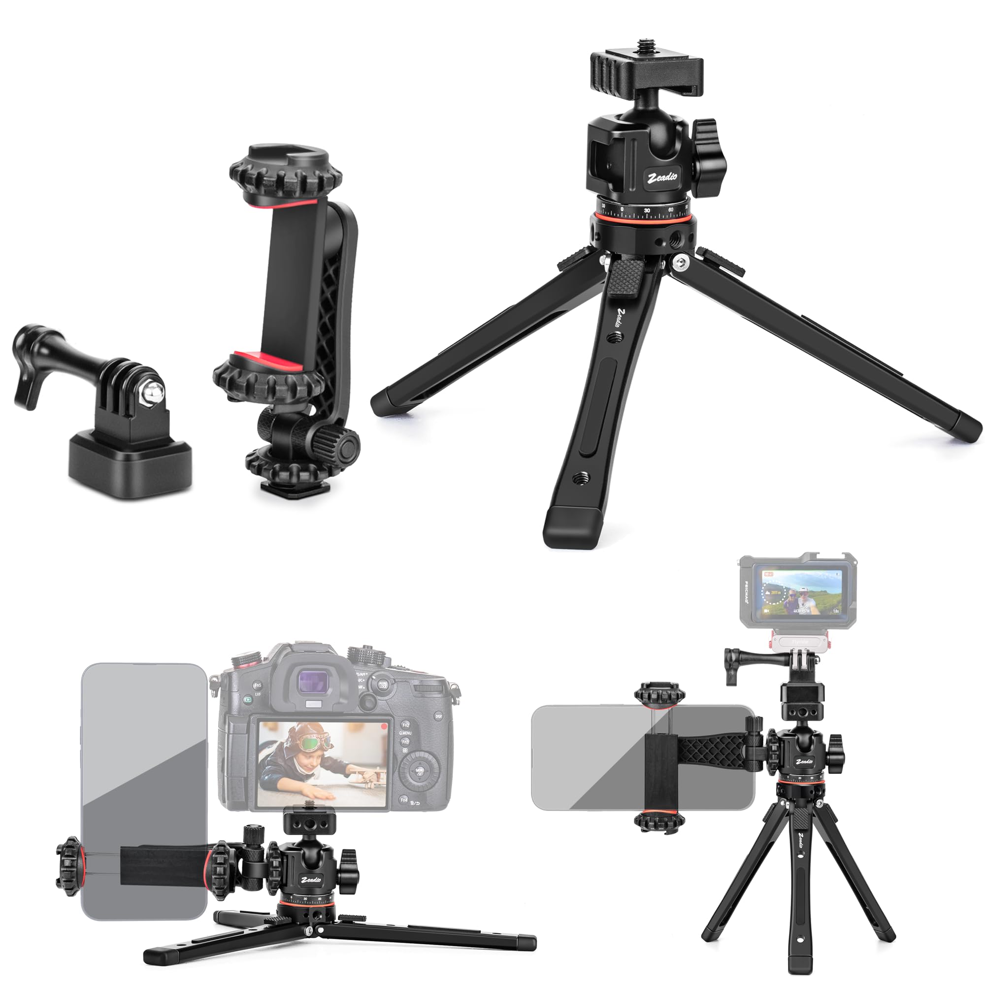 Zeadio Kit Treppiedi in Metallo Resistente: con Montatura a Sfera 360°, Clip per Telefono e Action Camera Adattatore, Montatura Universale da 1/4" per Smartphone Vlog Fotocamera Gimbal ecc