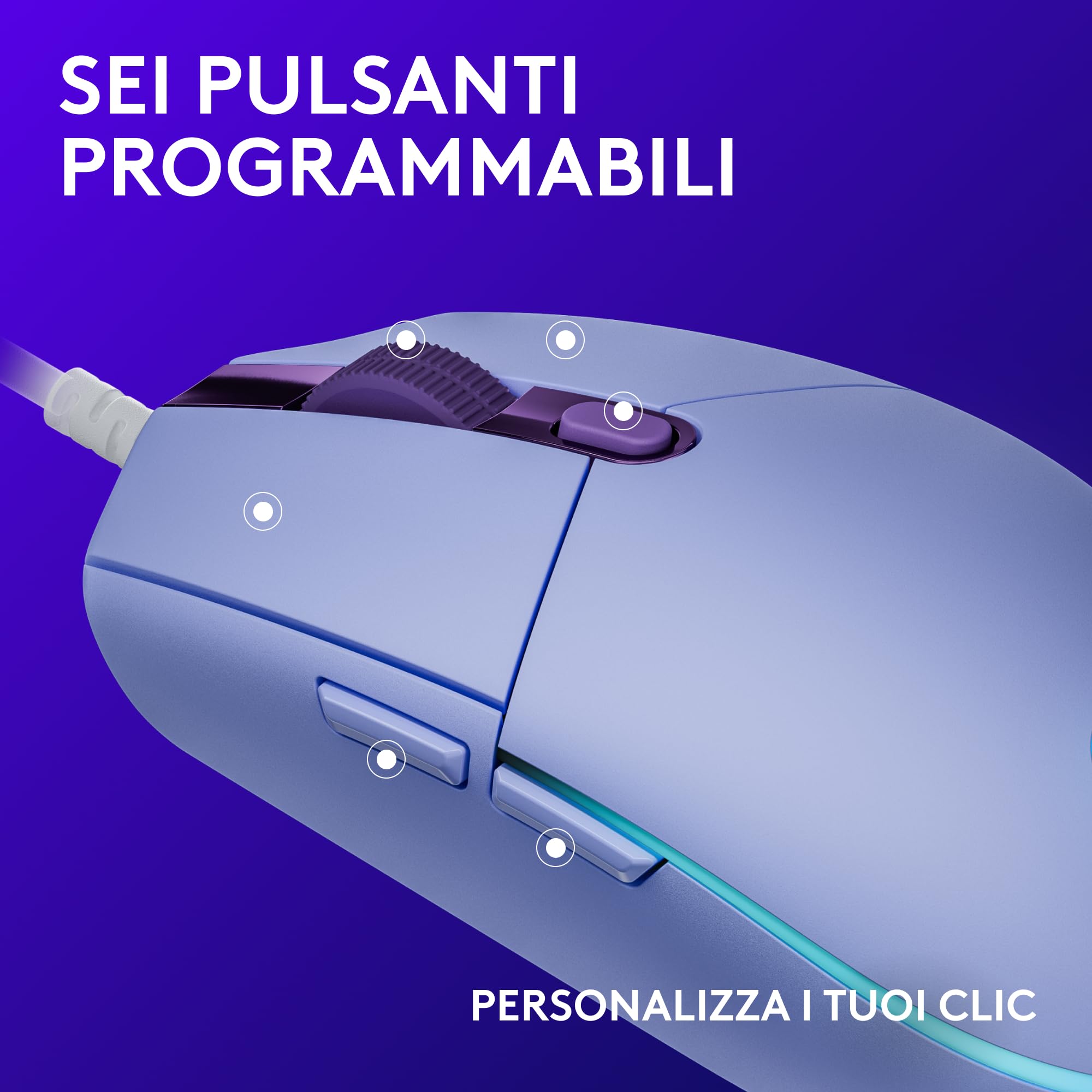 Logitech G G203 LIGHTSYNC Mouse Gaming con Illuminazione RGB, Personalizzabile, 6 Pulsanti Programmabili, Sensore per Gaming, Tracciamento a 8000 DPI, Peso Ridotto - Lilla