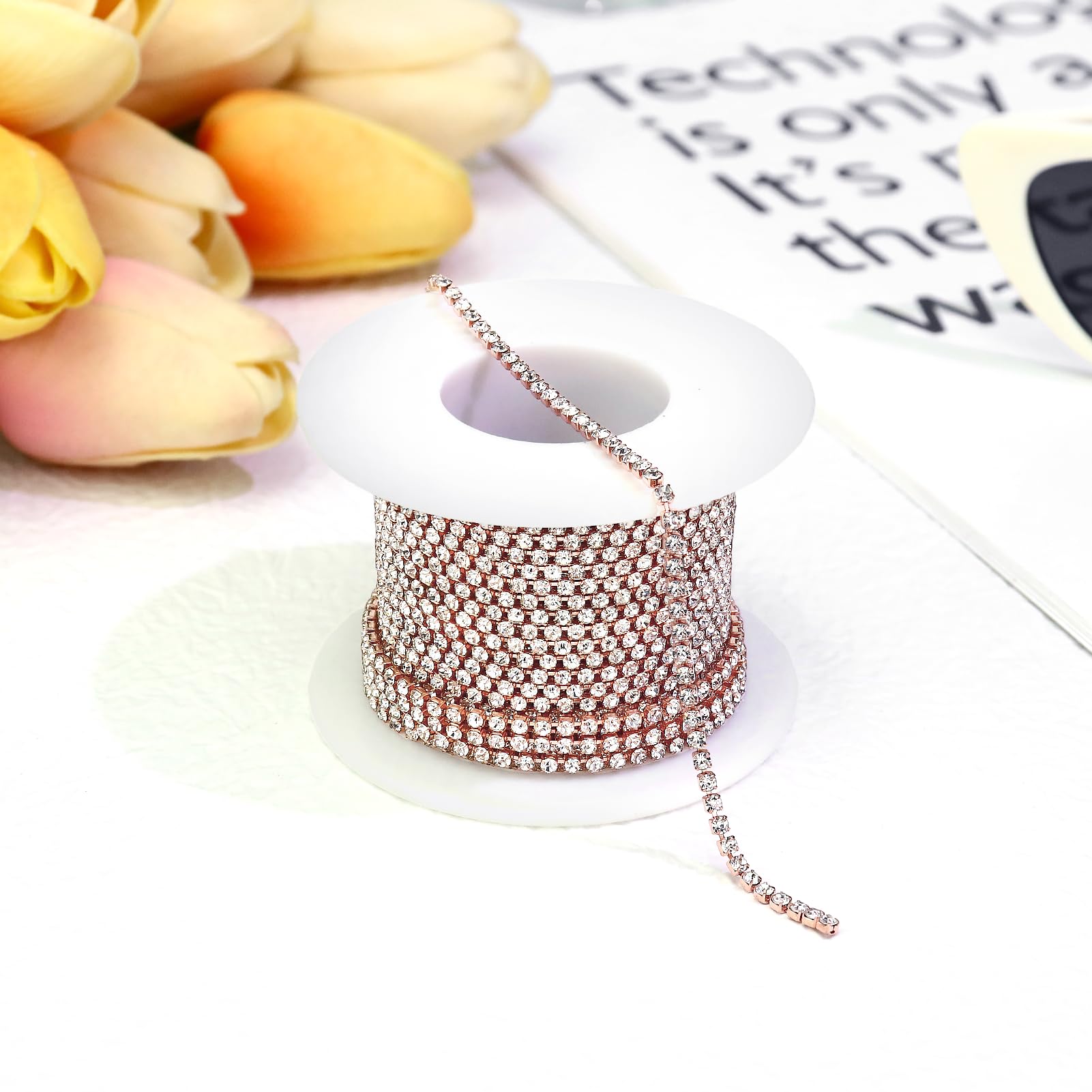 Towenm 1 Roll 10 Yards Rhinestone Chain, SS6 2mm Rose Gold Rhinestones Chain Roll, Sew on Crystal Rhinstone Close Chain Trim, Crystal Claw Cup Chain 2