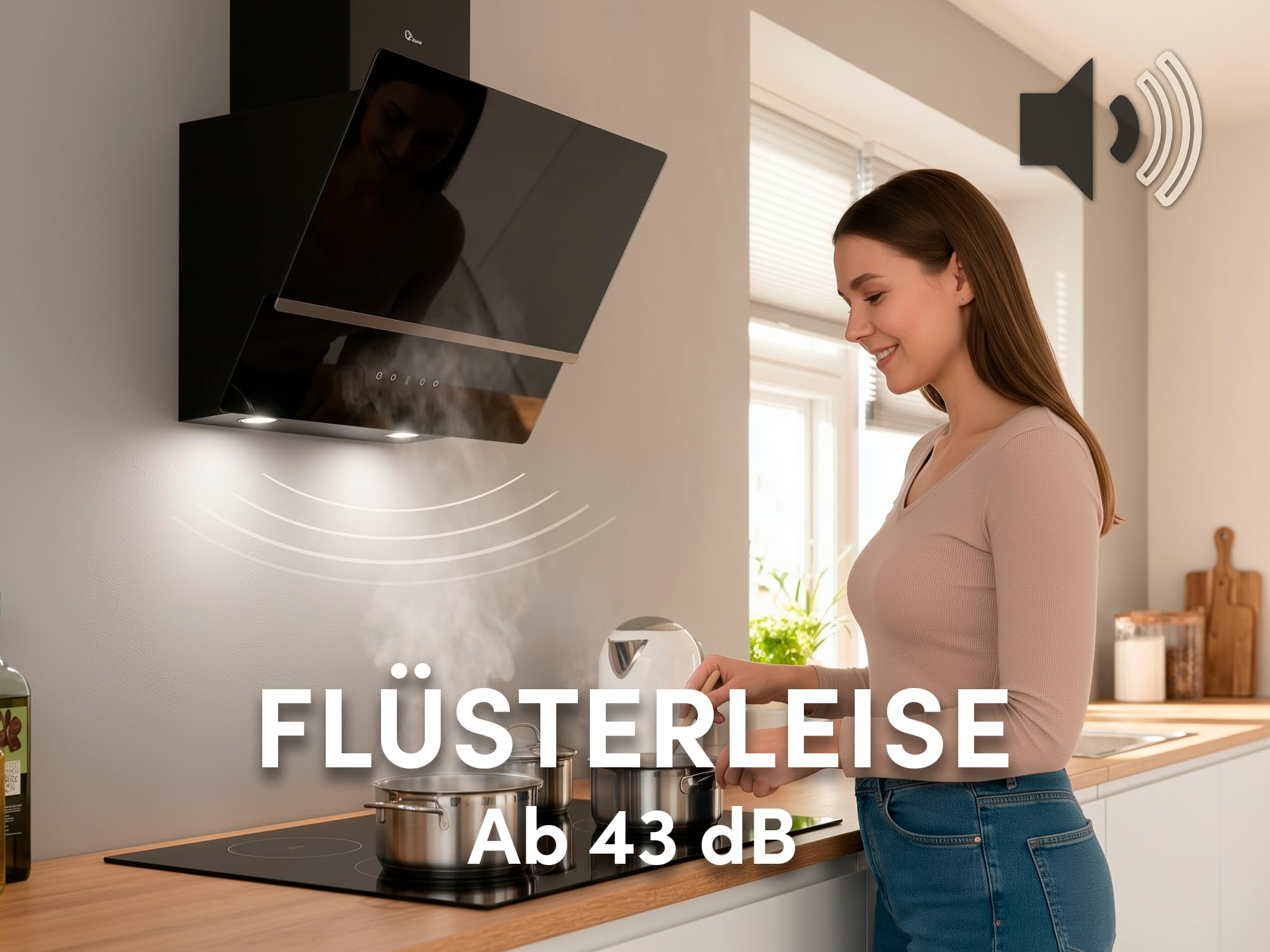 Thermex Glasgow 60 - Dunstabzugshaube 60 cm, Kopffrei, Schwarz | Schräghaube, Glas-Touch, 3 Stufen, 180-543 m³/h, 43-64 dB, 2 LED-Lampen, Alufilter, Ø150 Abluft/Umluft
