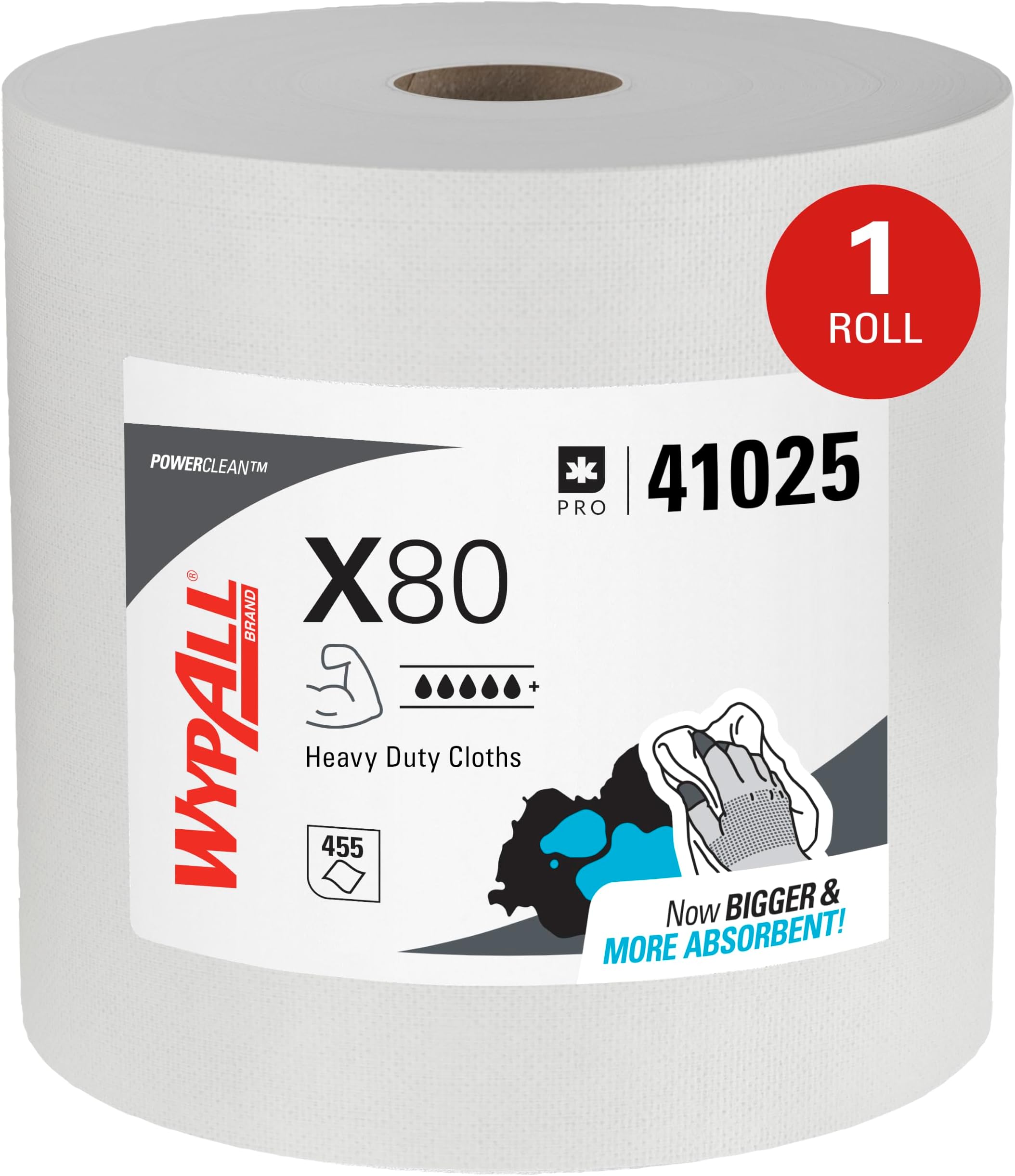 WypAll PowerClean X80 Heavy Duty Cloths, Jumbo Roll, 455 Towels (41025)