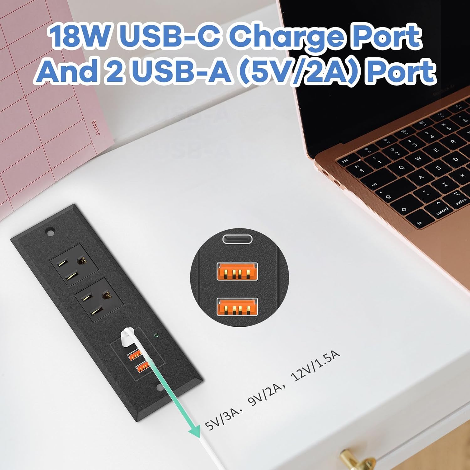 Recessed Power Strip with PD 20W USB C, Desk Outlet with 2 USB-A and 1 USB-C Ports, Recessed Power Socket Charging Station, Furniture Outlet for Drawer, Side Table, Sofa Table, 6.56FT Cord Flat Plug