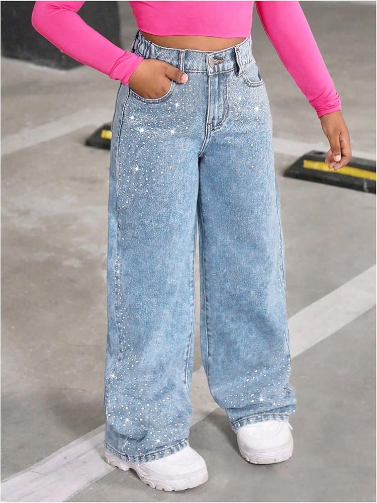 Amazon.com: WDIRARA Girl's Rhinestone High Waisted Wide Leg Jeans