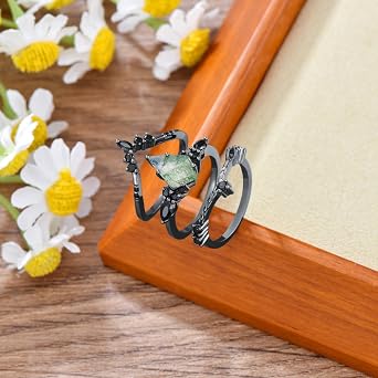 Natural Moss Agate Rings for Women Kite Cut 925 Sterling Silver Moss Green Agate Ring for Women Wife, Optional 4 Colors (Rose/Yellow/White/Black), Ring Size 4-11