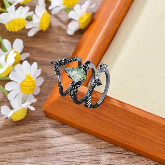 Natural Moss Agate Rings for Women Kite Cut 925 Sterling Silver Moss Green Agate Ring for Women Wife, Optional 4 Colors (Rose/Yellow/White/Black), Ring Size 4-11