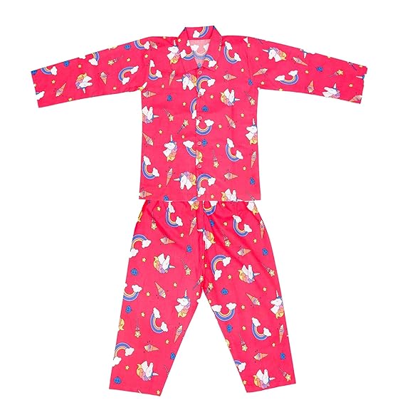 Rosa Mystica Printed Full Sleeves Cotton Red Night Dress Shirt & Pyjama Set for Kids - Set of 1