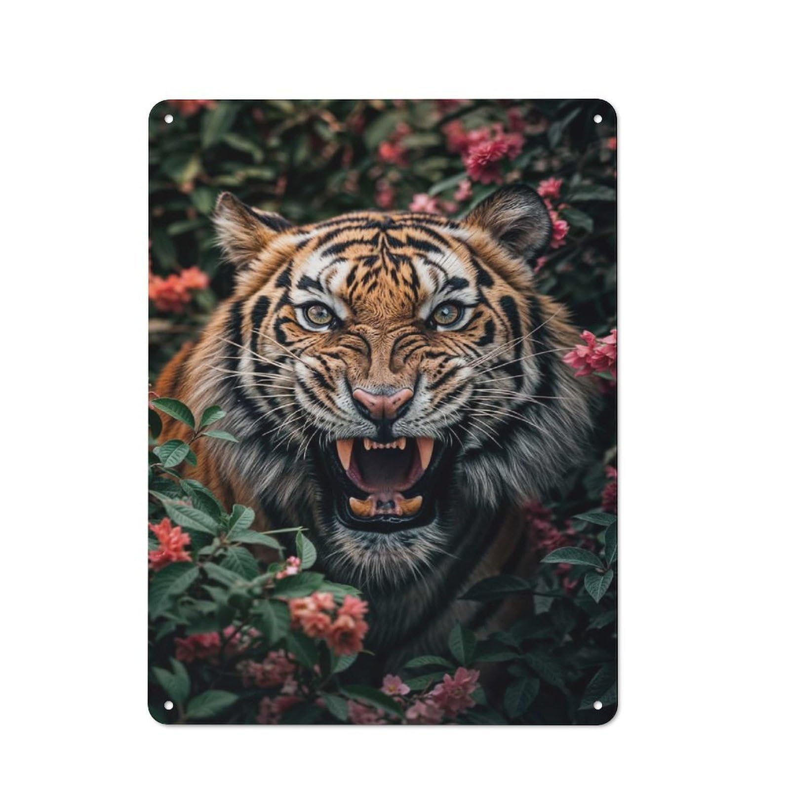 Junmoney Style-17 Metal Wall Sign 40X30cm Featuring Tiger Roaring In Flowers For Living Room Wall, For Metal Sign Collectors, For Garage And Workshop Walls