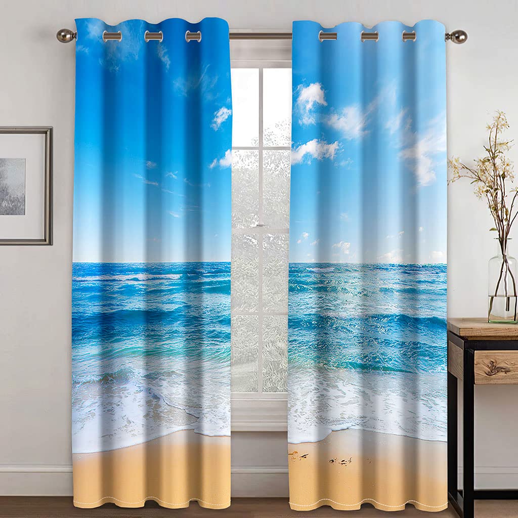 Eyelet Drapes For Bedroom Beautiful Blue Sea 200X160cm 2 Panels Living Room 3D Super Soft Thermal Insulated Blackout Noise Reducting Curtains Nursery Christmas Home Decoration