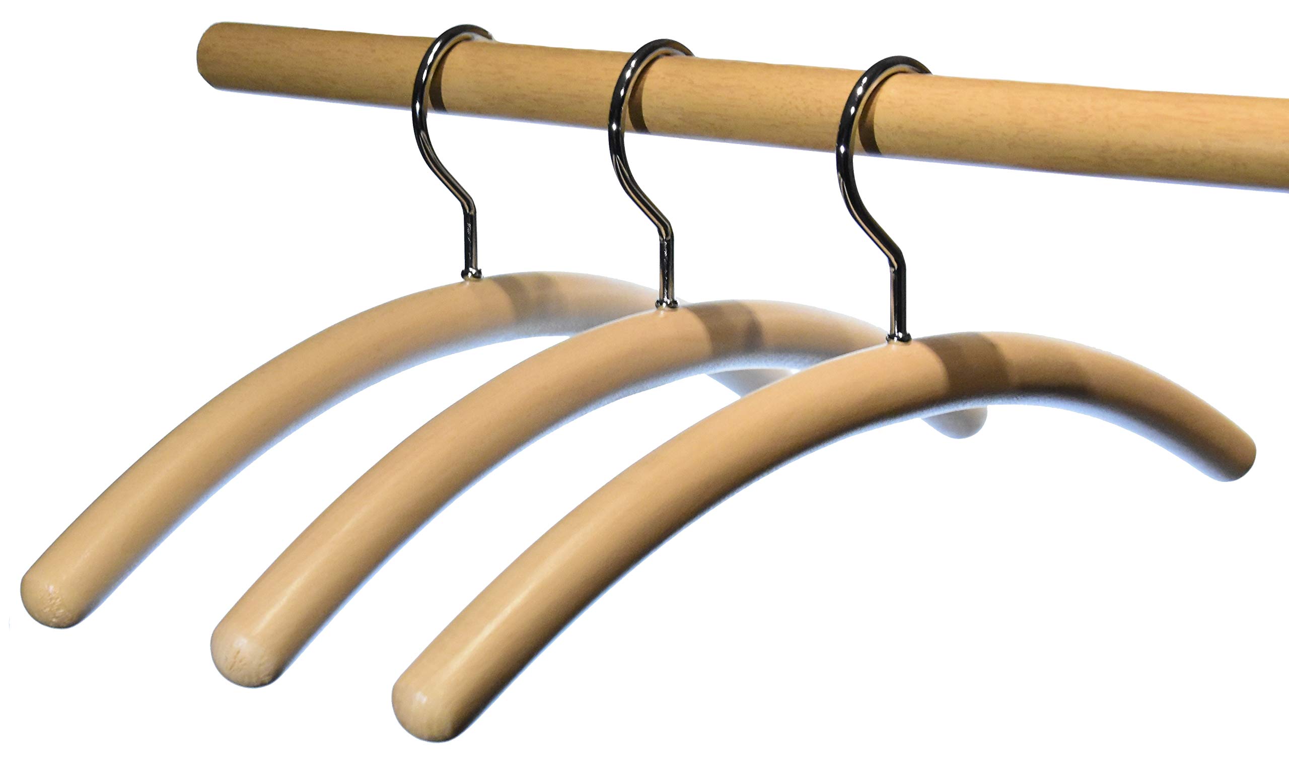 10 Stk. Garderobenbügel aus Buchenholz, Designerbügel „rund“ natur lackiert, mit vernickeltem Haken