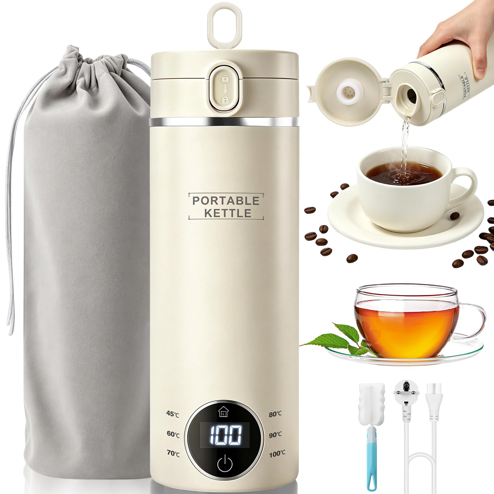 Minihervidor de agua portátil de acero inoxidable 316, 500 ml, color crema