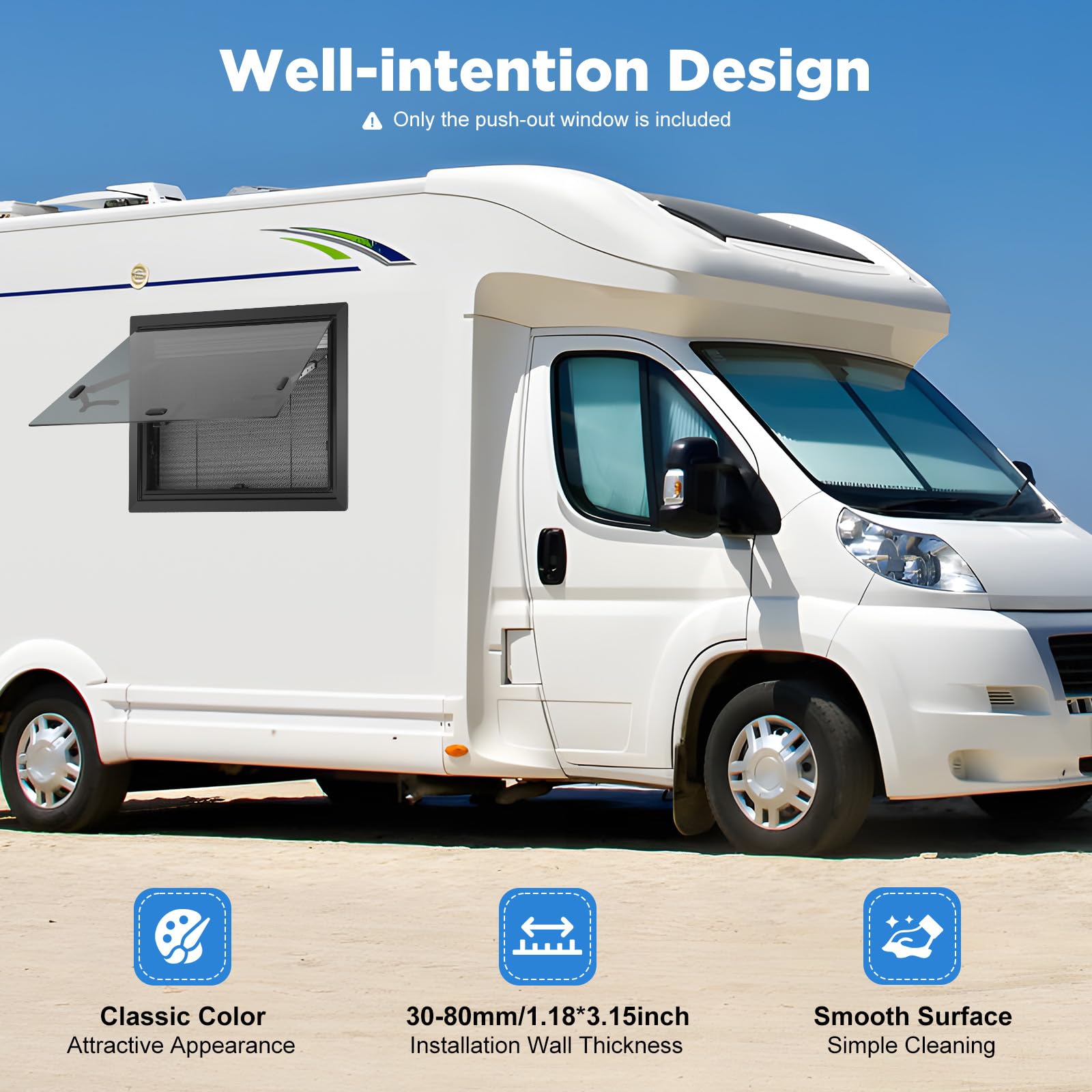 Ventana para caravana 65x50 cm, ventana abatible para autocaravana y caravana con protección contra insectos y protección solar integrada, ventana lateral para camper, vidrio templado de 4 mm